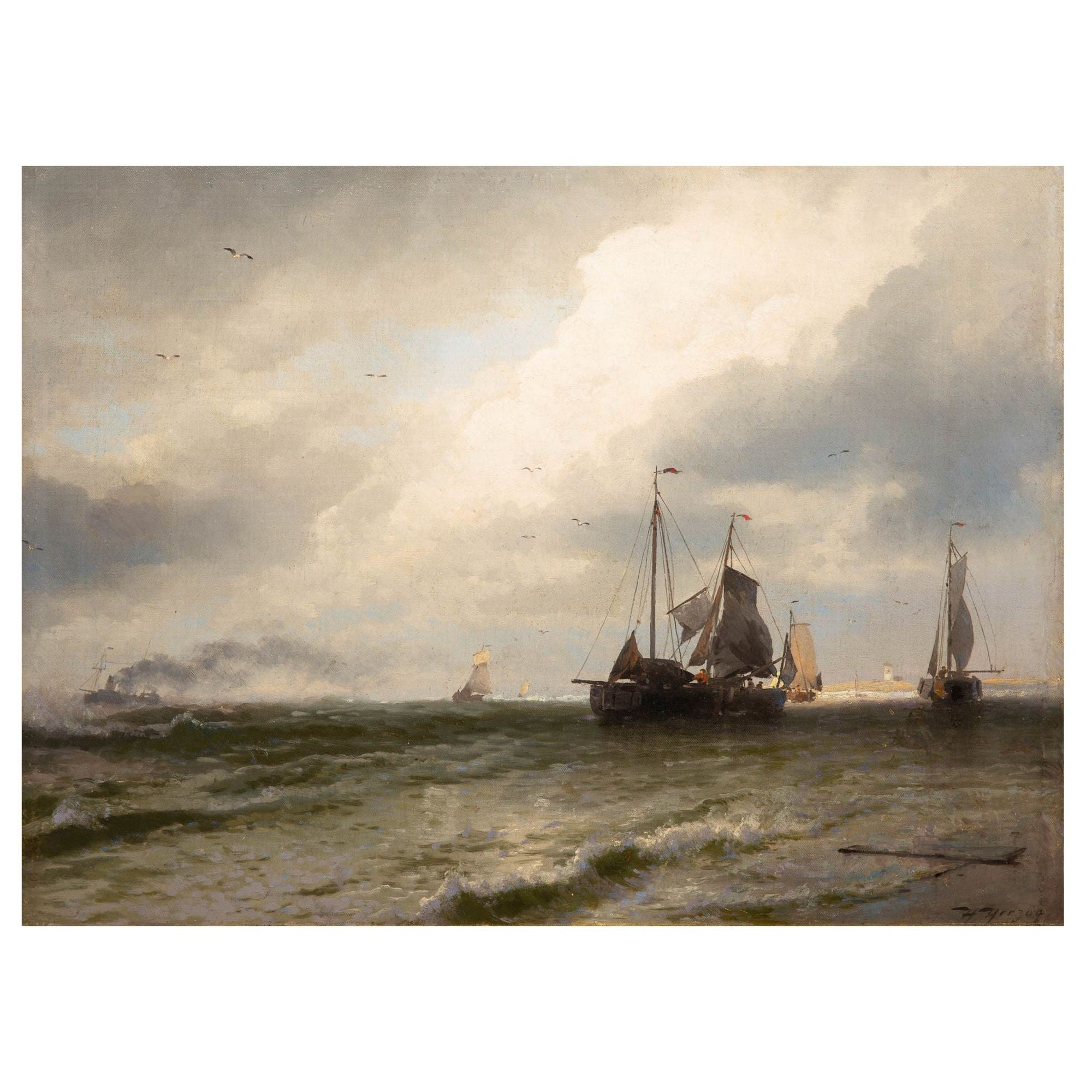 American Seascape Painting by Hermann Herzog of Fishing Boats For Sale
