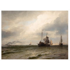 Antique American Seascape Painting by Hermann Herzog of Fishing Boats