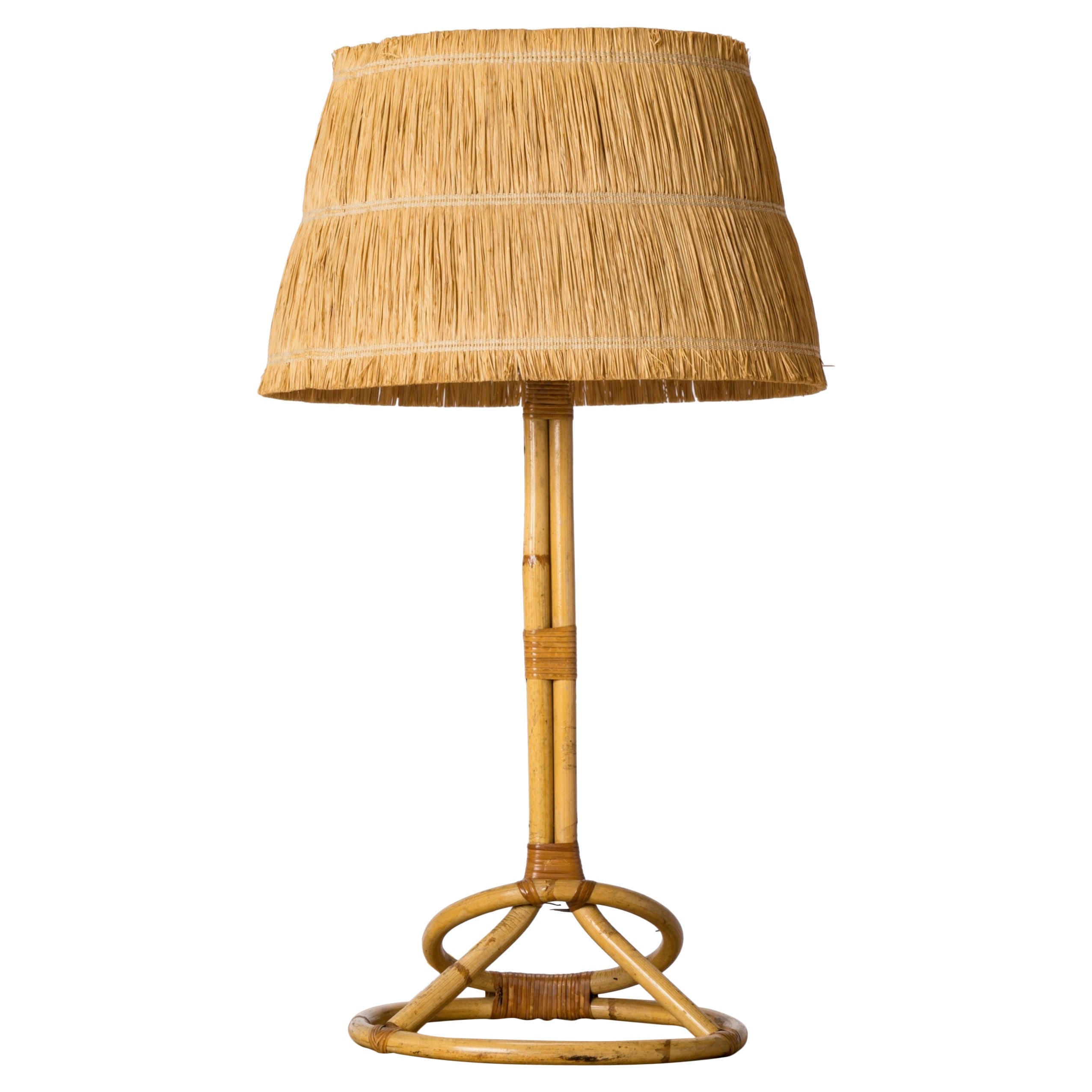 Tall Rattan Table Lamp w. Raffia Shade - France 1950's For Sale