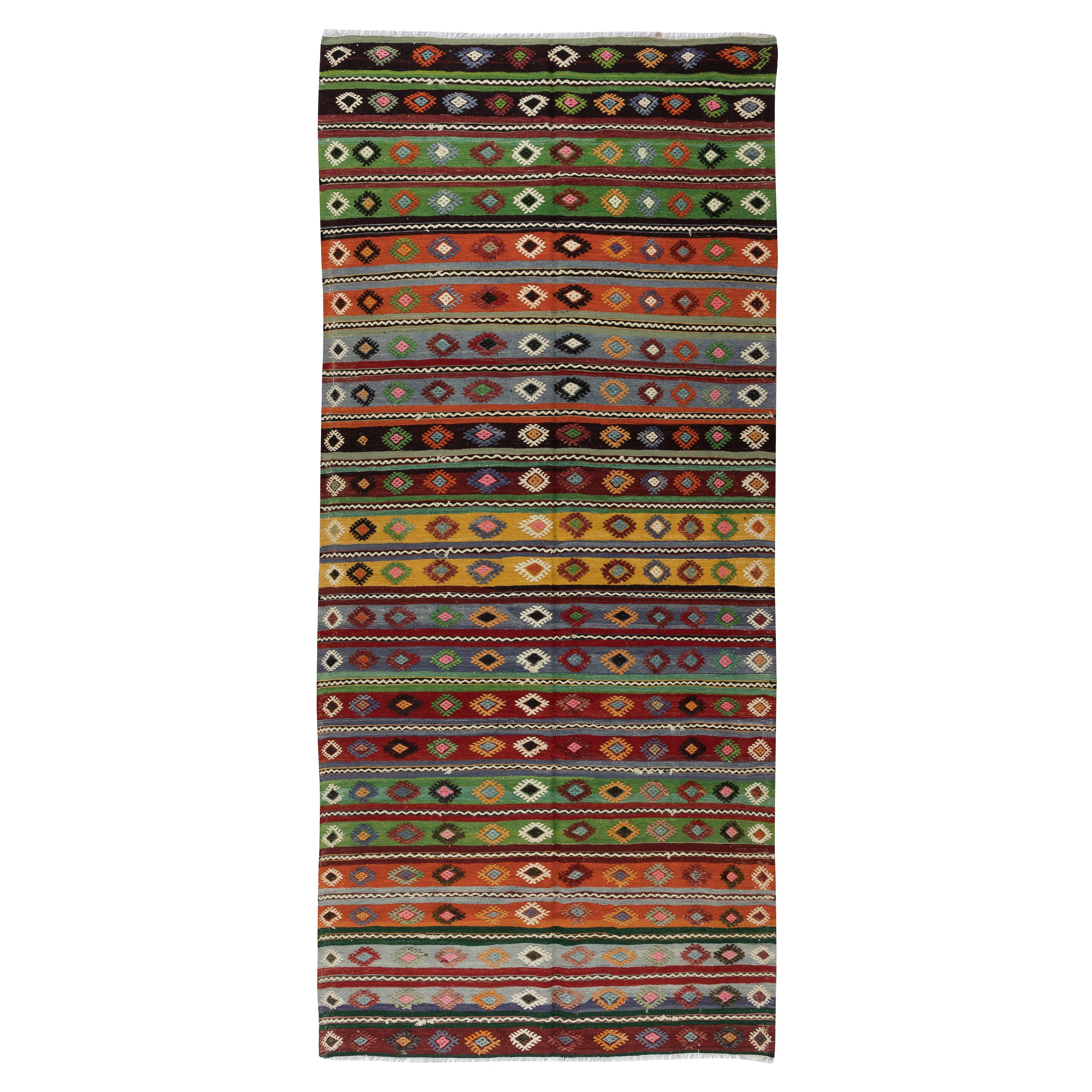5x11.2 Ft Vintage Türkischer Kelim-Läufer im Vintage-Stil. Bunter handgewebter Teppich für den Hausflur im Angebot