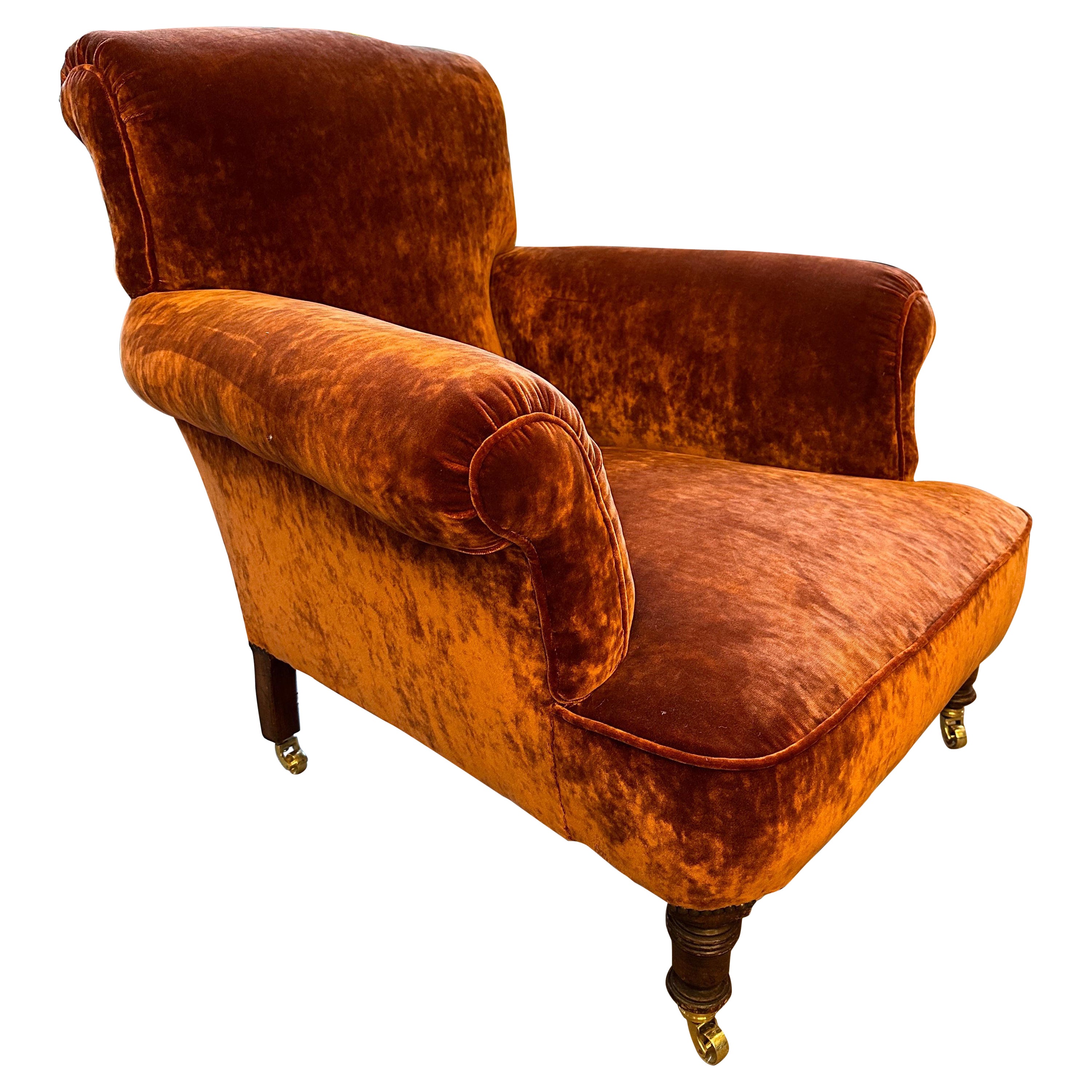 A Reupholstered Antique Victorian Velvet Armchair  For Sale