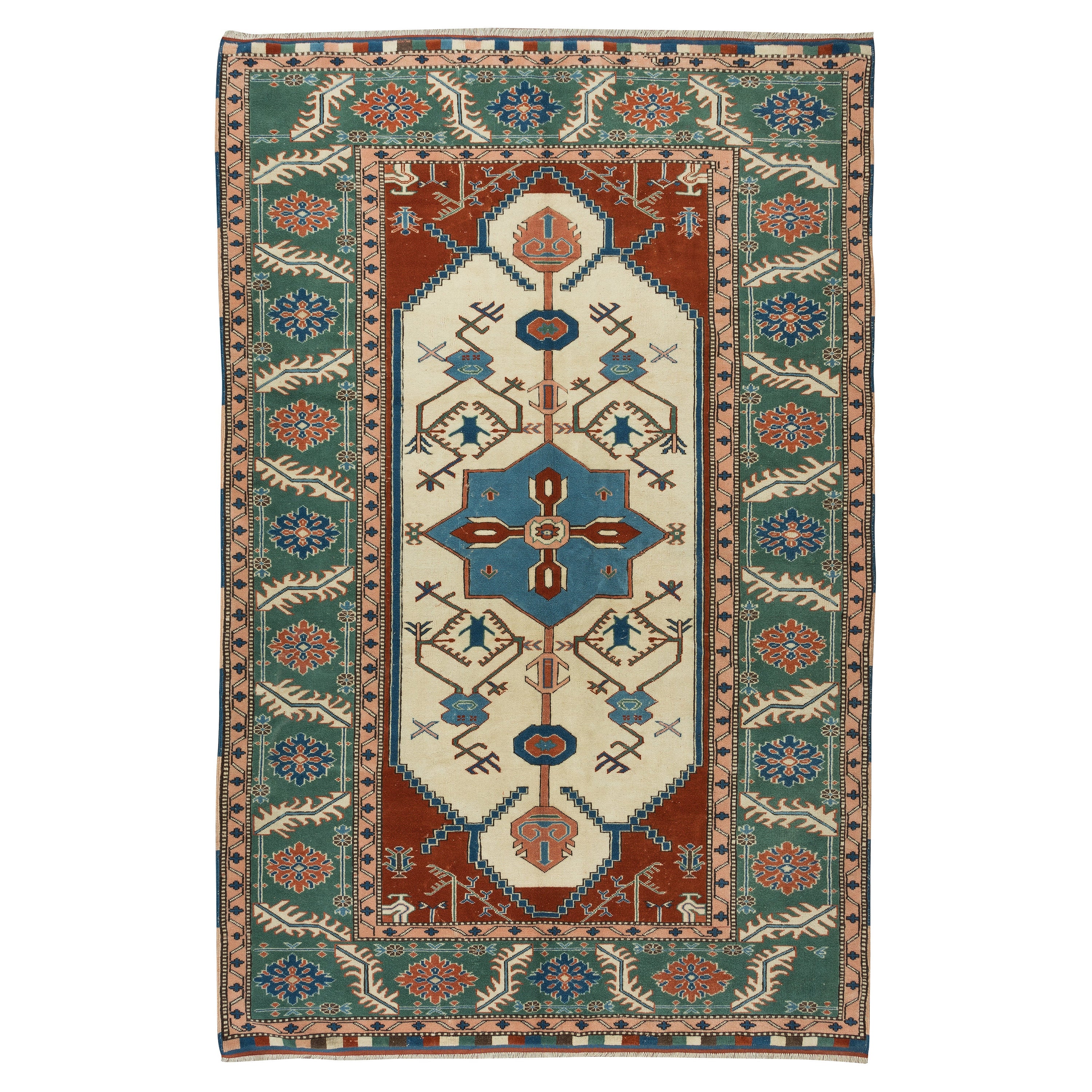 5.6x9 Ft handgefertigter türkischer Vintage-Teppich mit geometrischem Medaillon-Design