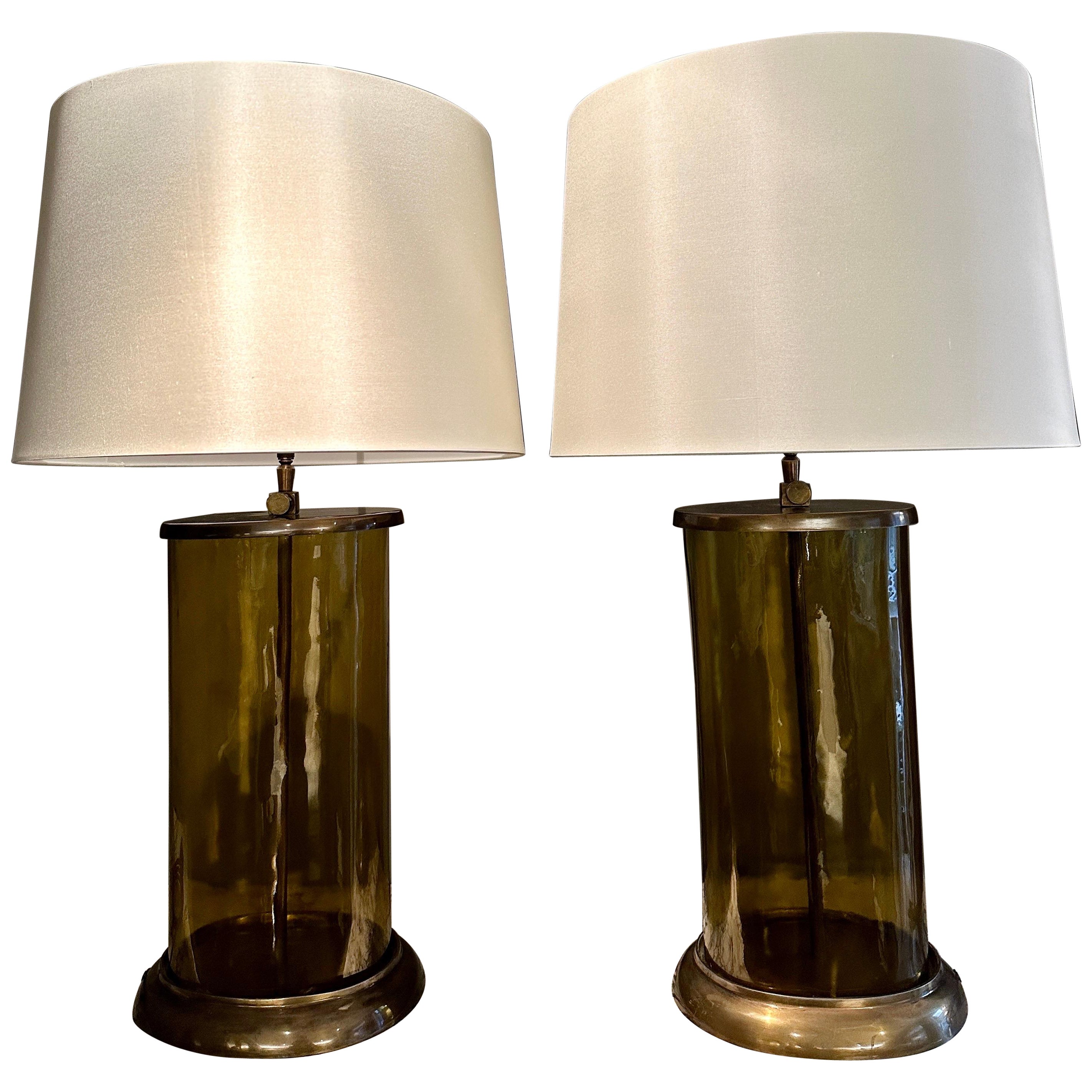 Retro A pair Of Large Glass And Patinated Brass Table Lamps 