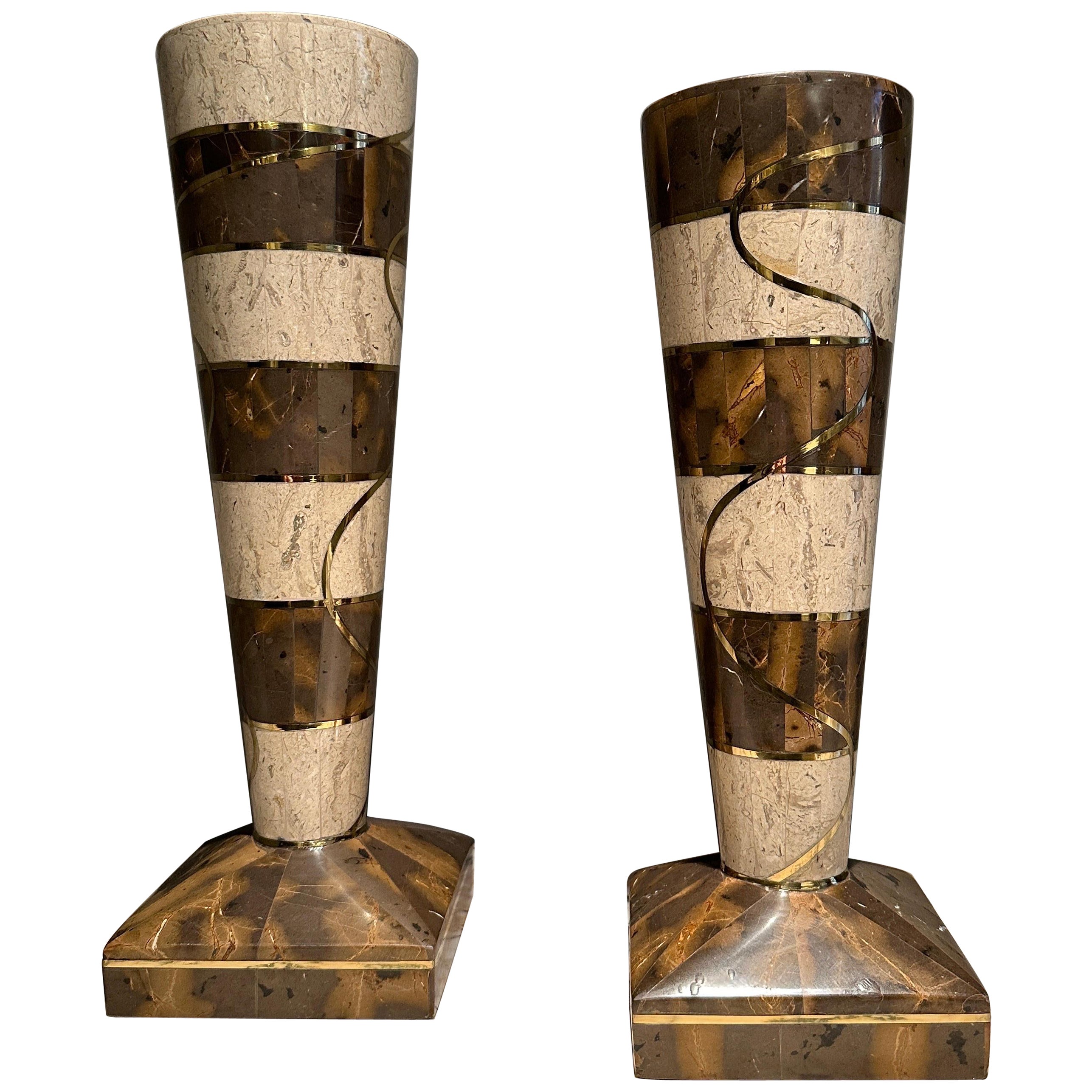 A Set Of Tea Candle Holders In Tessellated Marble And Brass By Maitland Smith