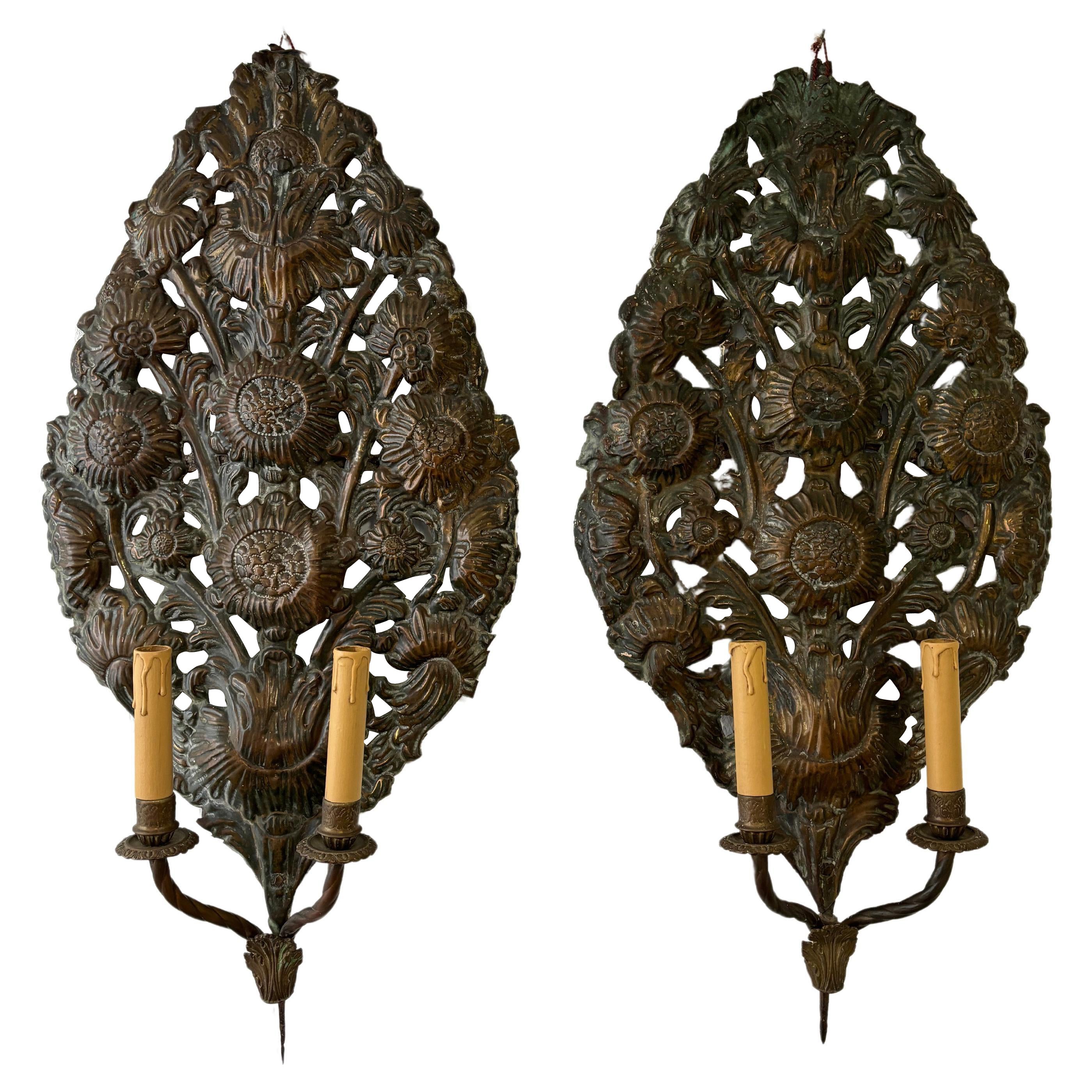 Big 18th Century Embossed Copper Floral "Palma" Church Sconces For Sale