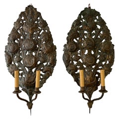 Antique Big 18th Century Embossed Copper Floral "Palma" Church Sconces