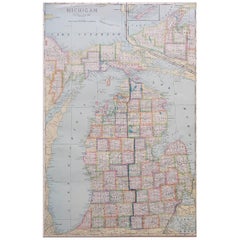 Large Original Antique Map of Michigan, USA, circa 1900