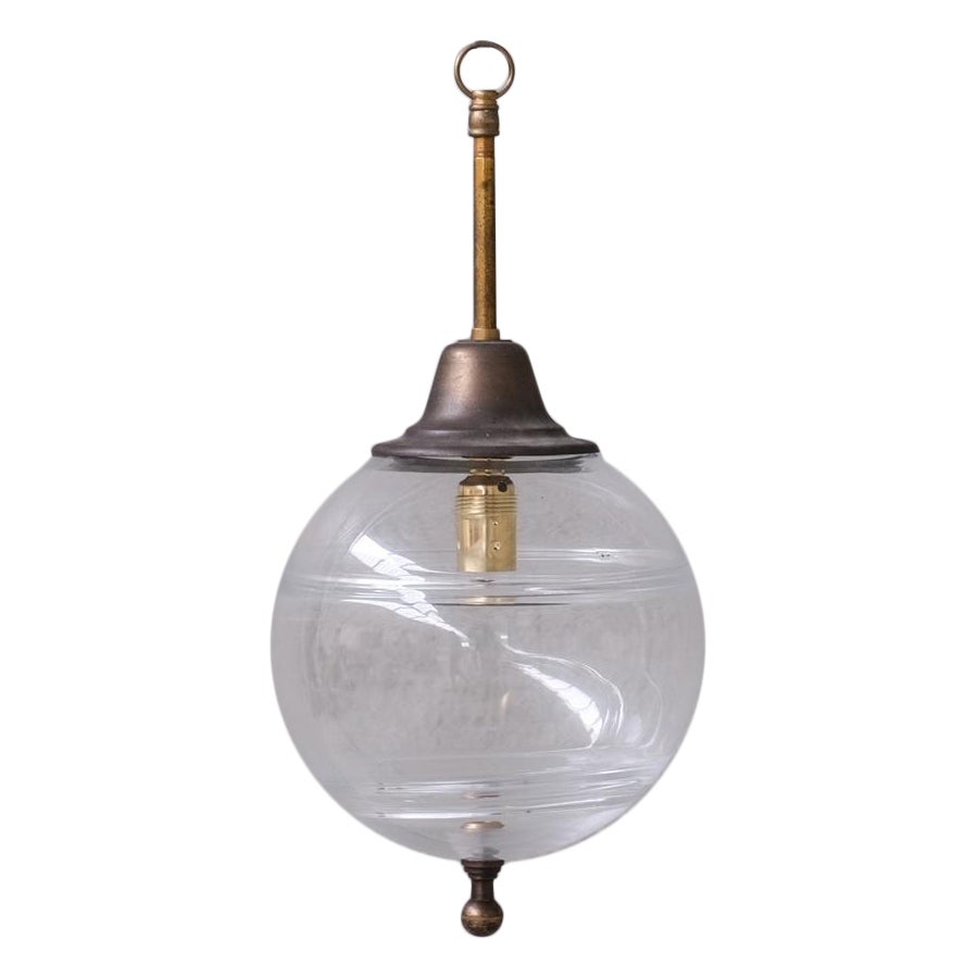 Mid-Century French Clear Glass and Brass Pendant Light For Sale