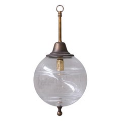 Retro Mid-Century French Clear Glass and Brass Pendant Light