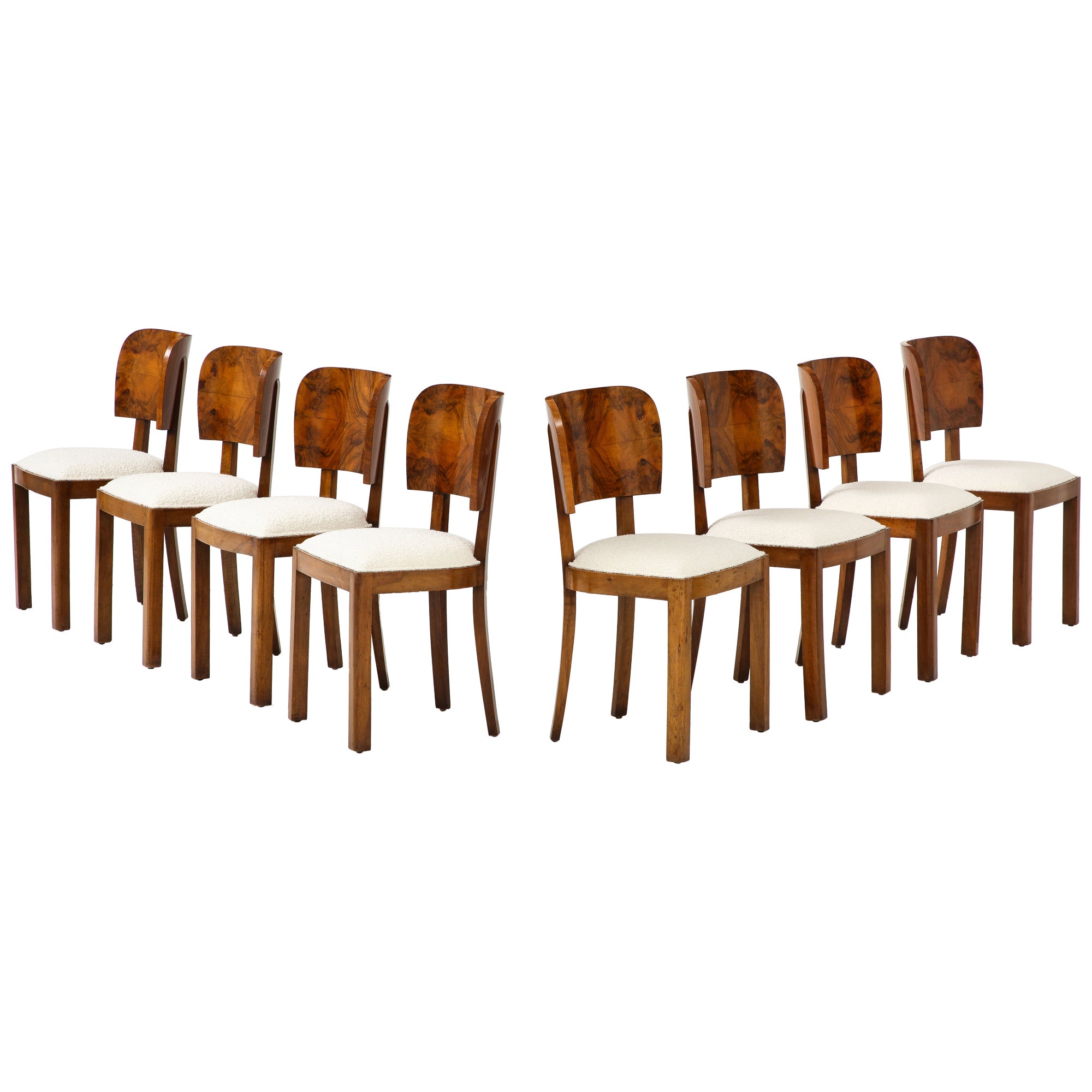 Italian Art Deco Set of Eight Burl Wood Dining Chairs, Italy, circa 1940 For Sale