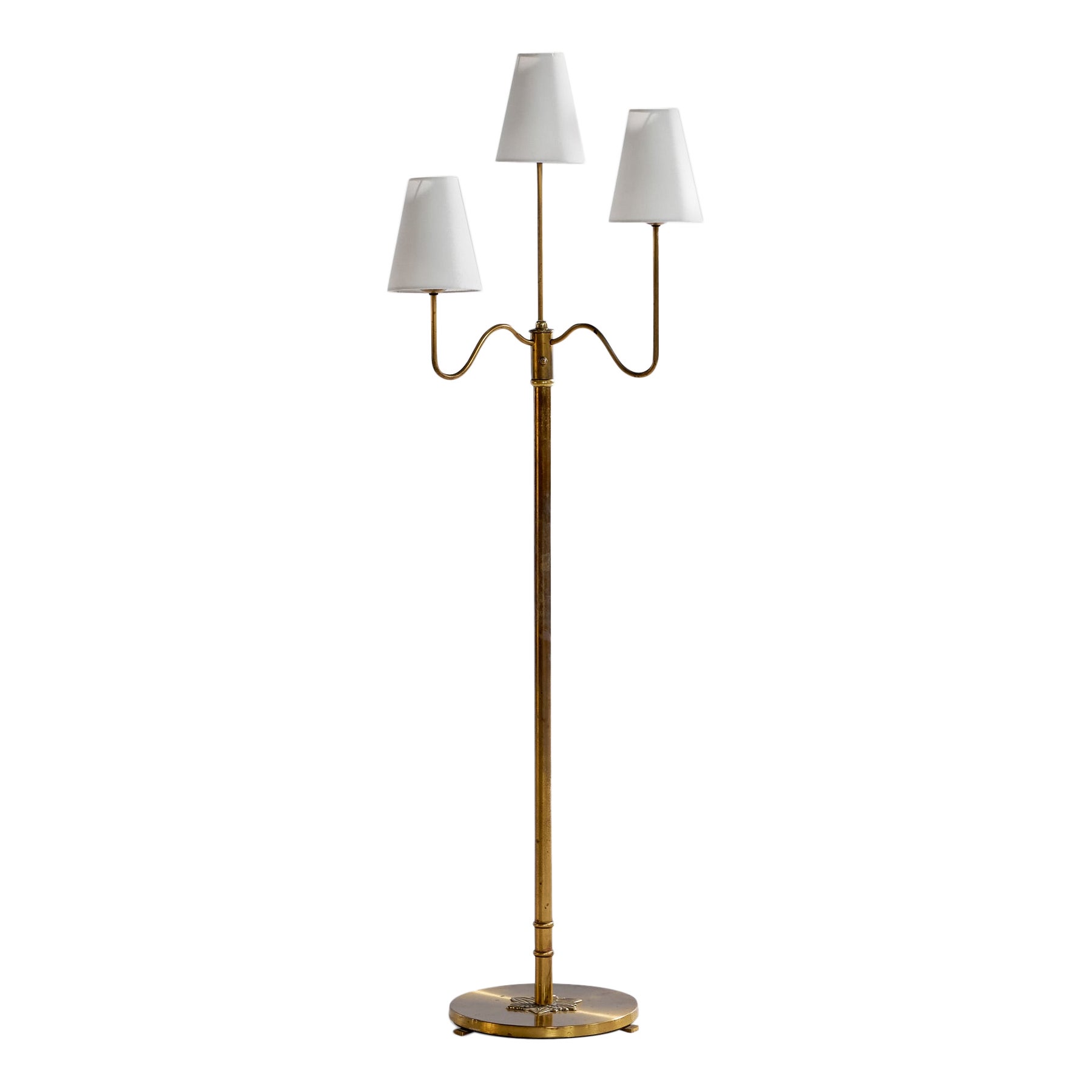 Swedish Designer, Floor Lamp, Brass, Fabric, Sweden, 1930s For Sale