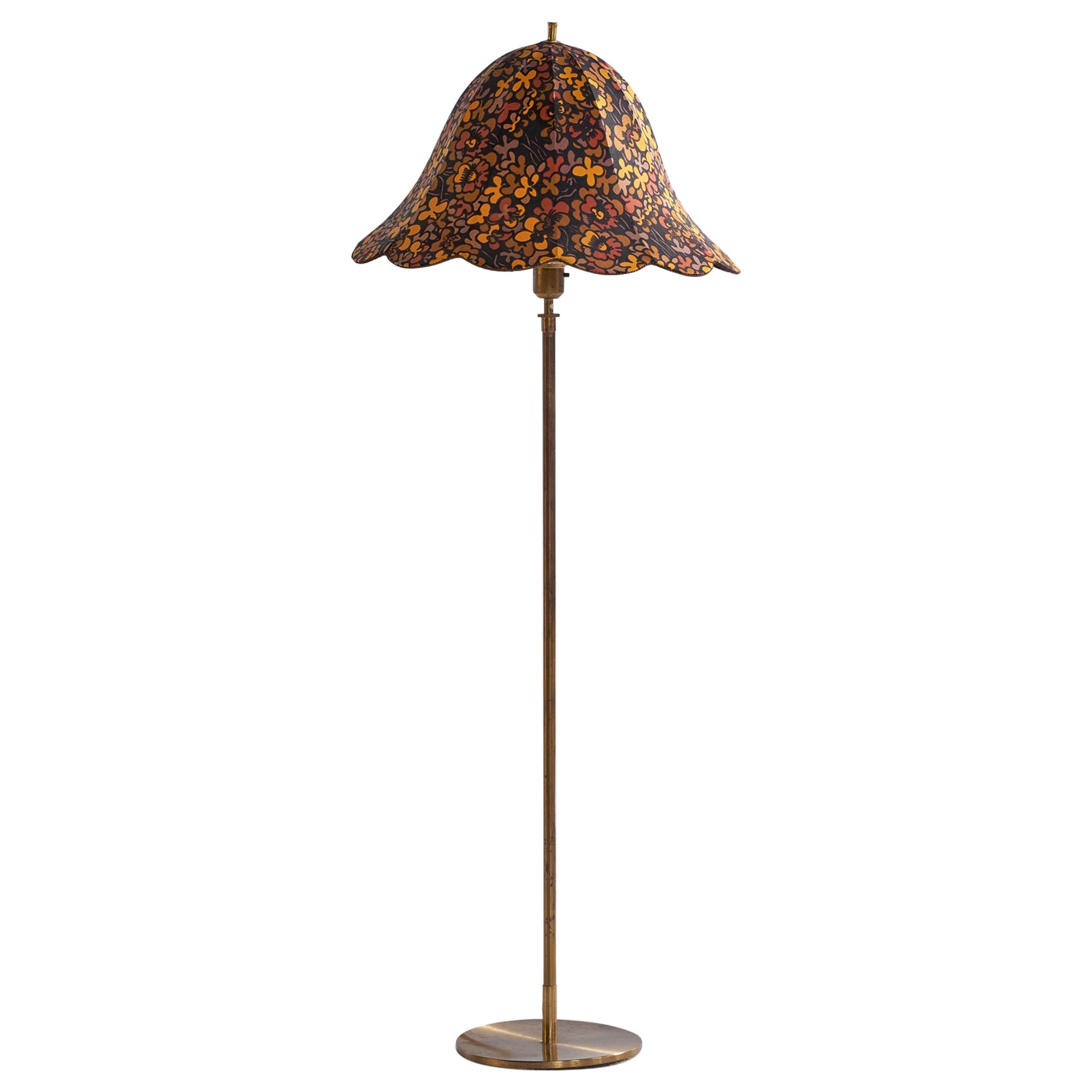 Swedish Designer, Floor Lamp, Brass, Fabric, Sweden, 1960s For Sale