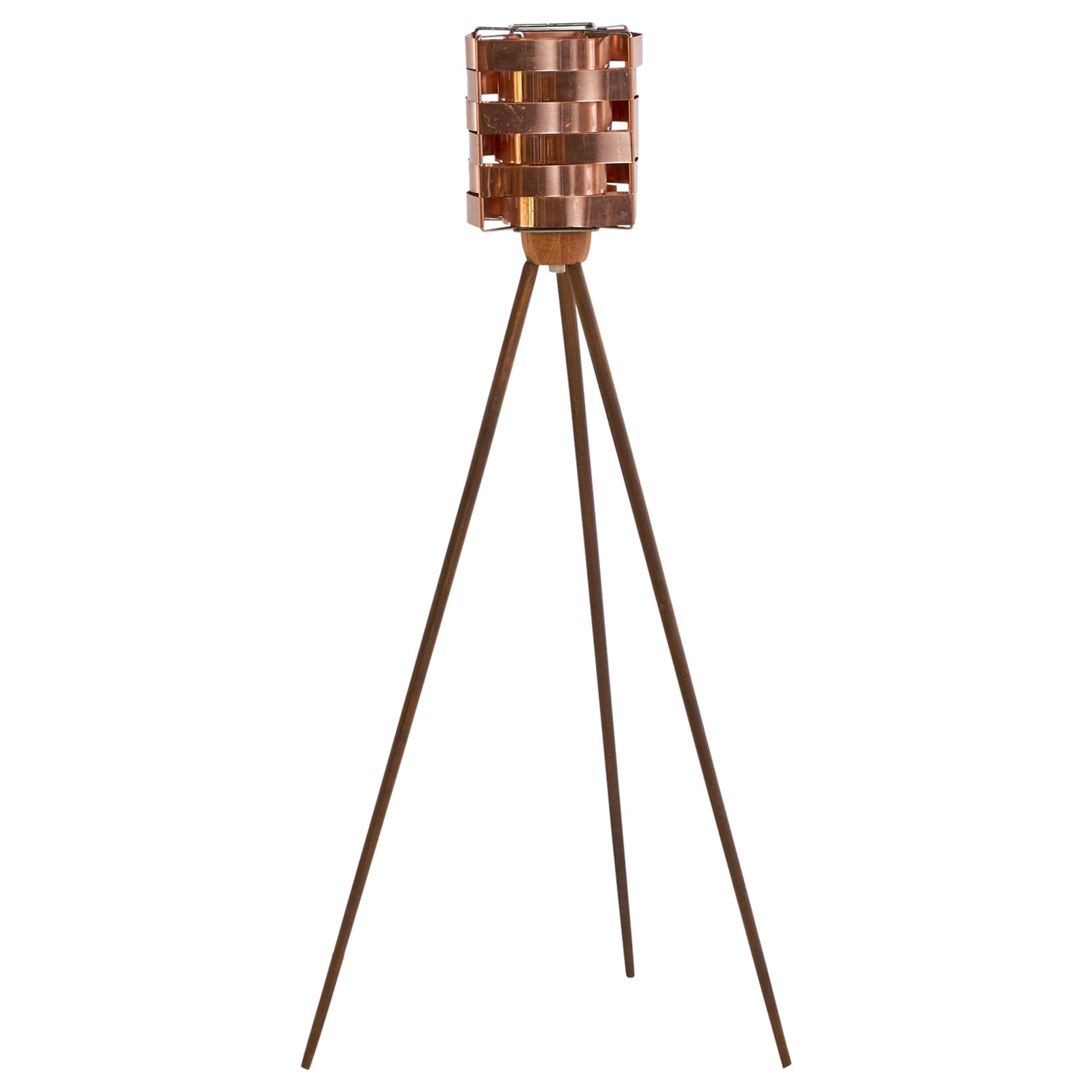 Swedish Designer, Small Floor Lamp, Teak, Copper, Sweden, 1950s For Sale