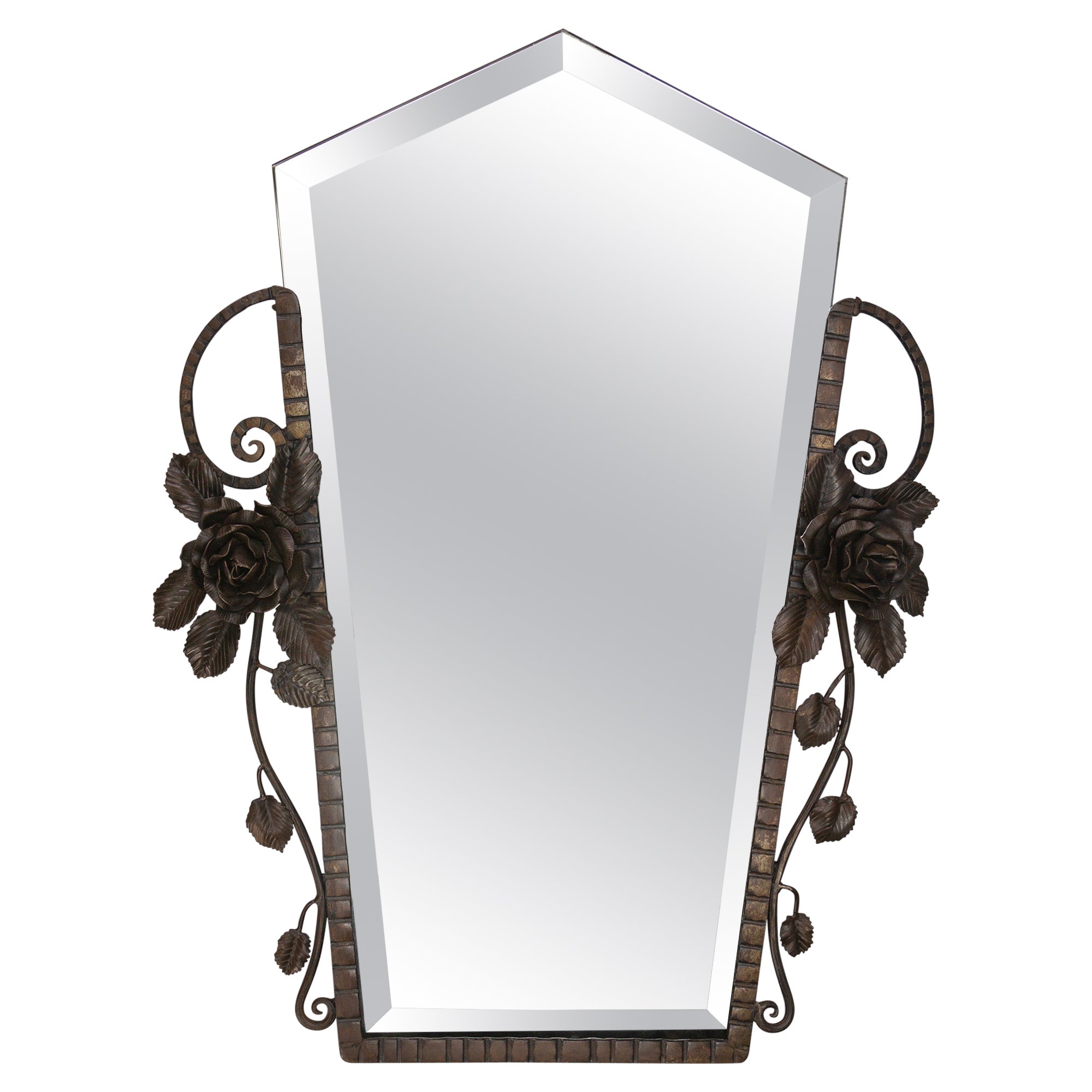 French Art Deco Beveled Wall Mirror with Wrought Iron Frame Roses, 1930s For Sale