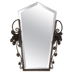 French Art Deco Beveled Wall Mirror with Wrought Iron Frame Roses, 1930s