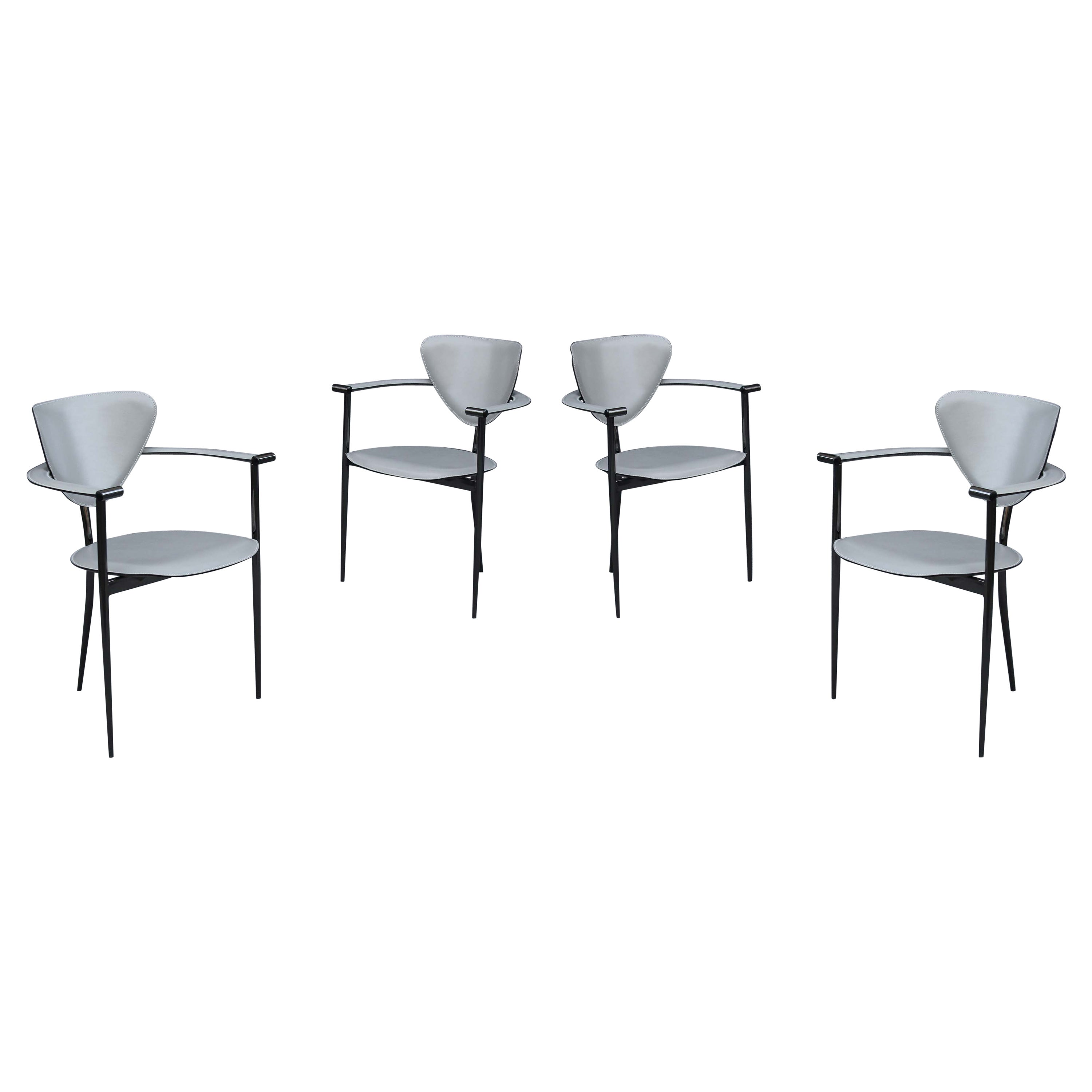 Set of Four Arrben 'Marilyn' Chairs in Gray Leather & Black Chrome Made in Italy For Sale