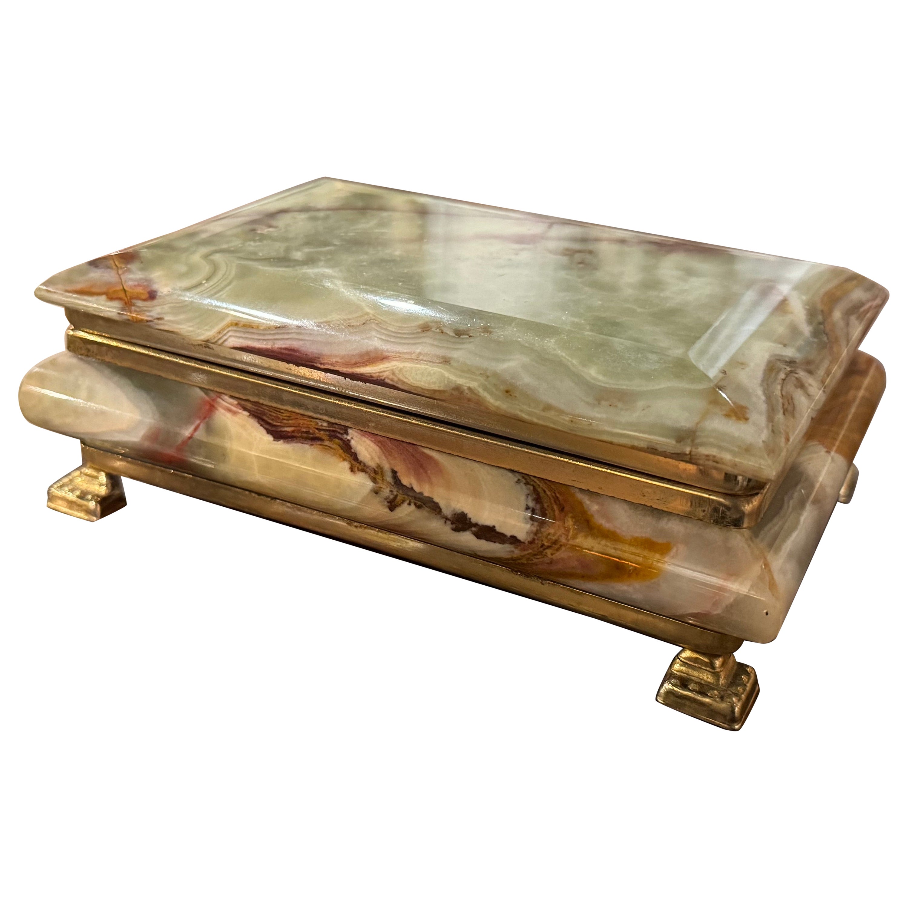 Mid-Century French Green Marble and Brass Jewelry Box Casket with Inside Mirror For Sale