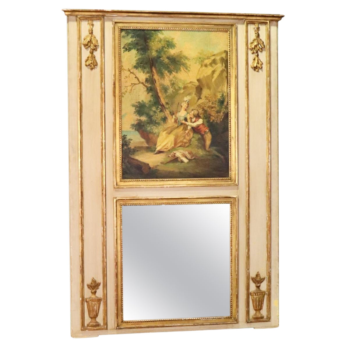 Monumental Antique French Painted Trumeau Mirror With Courtship Scenery  For Sale