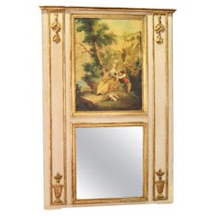 Monumental Used French Painted Trumeau Mirror With Courtship Scenery 