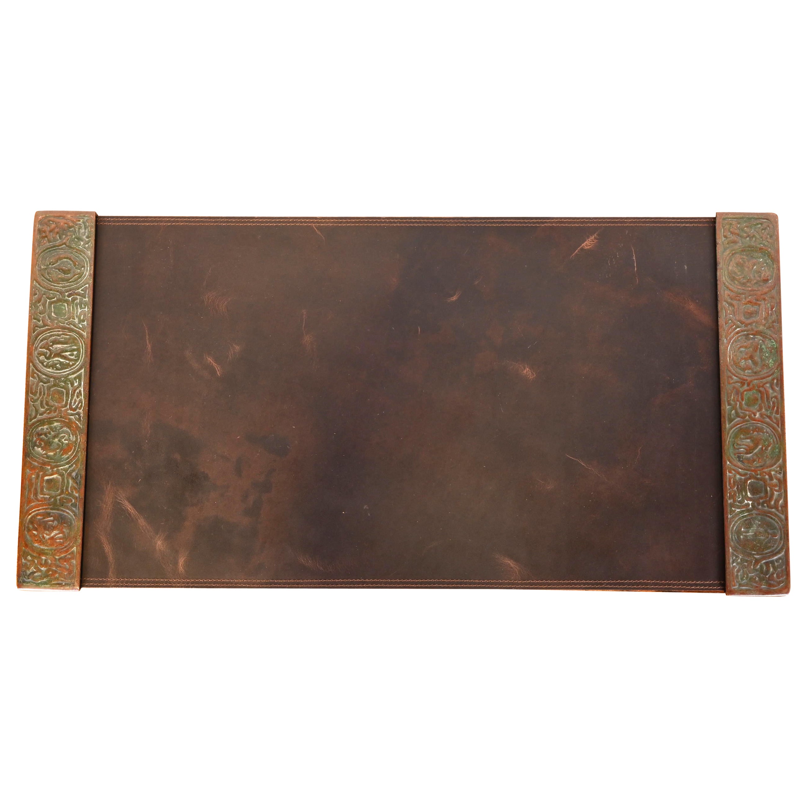 Tiffany Studios New York Zodiac Bronze Blotter Ends With Leather Desk Pad For Sale