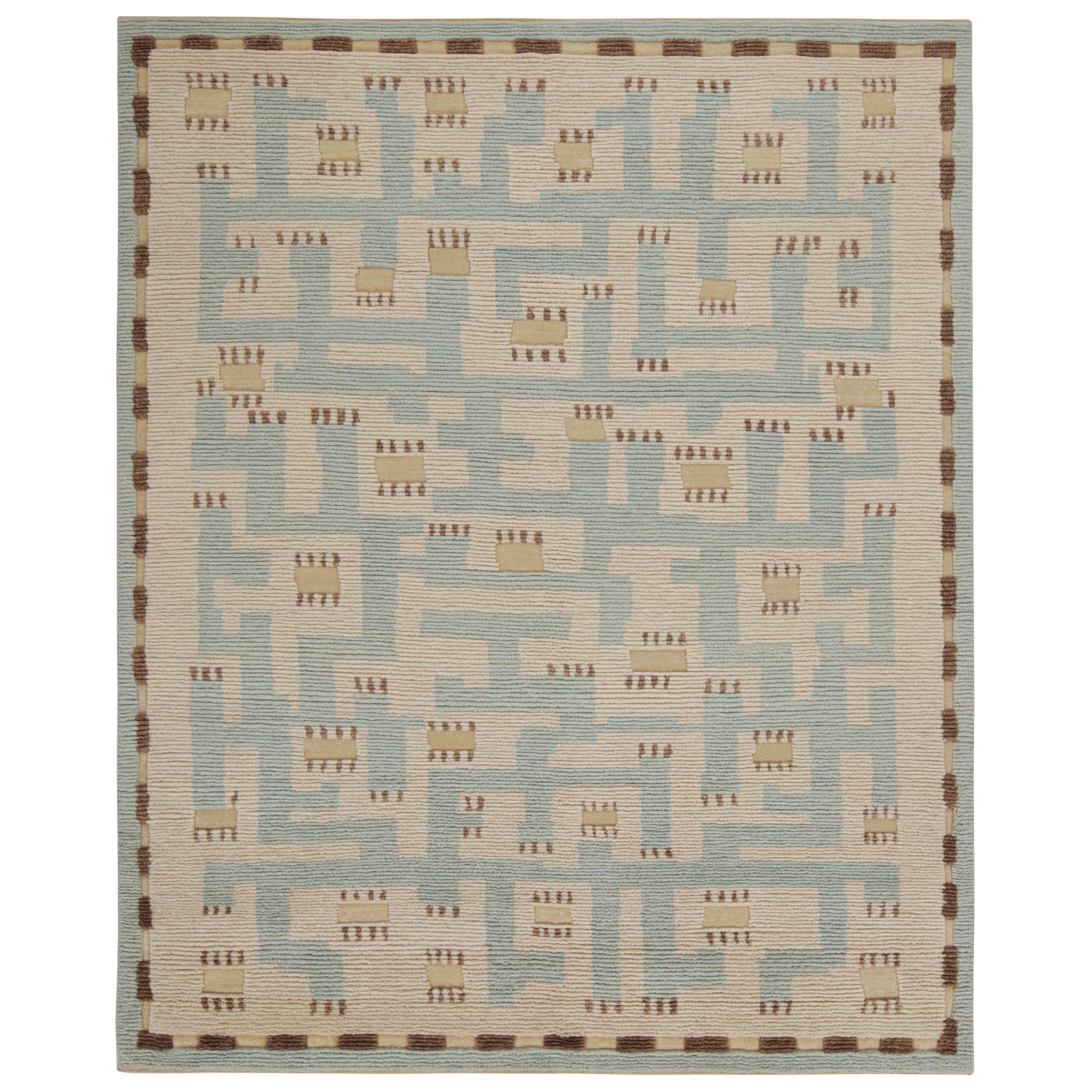 Rug & Kilim’s “High” Scandinavian Style Rug with Blue and Beige Geometric For Sale