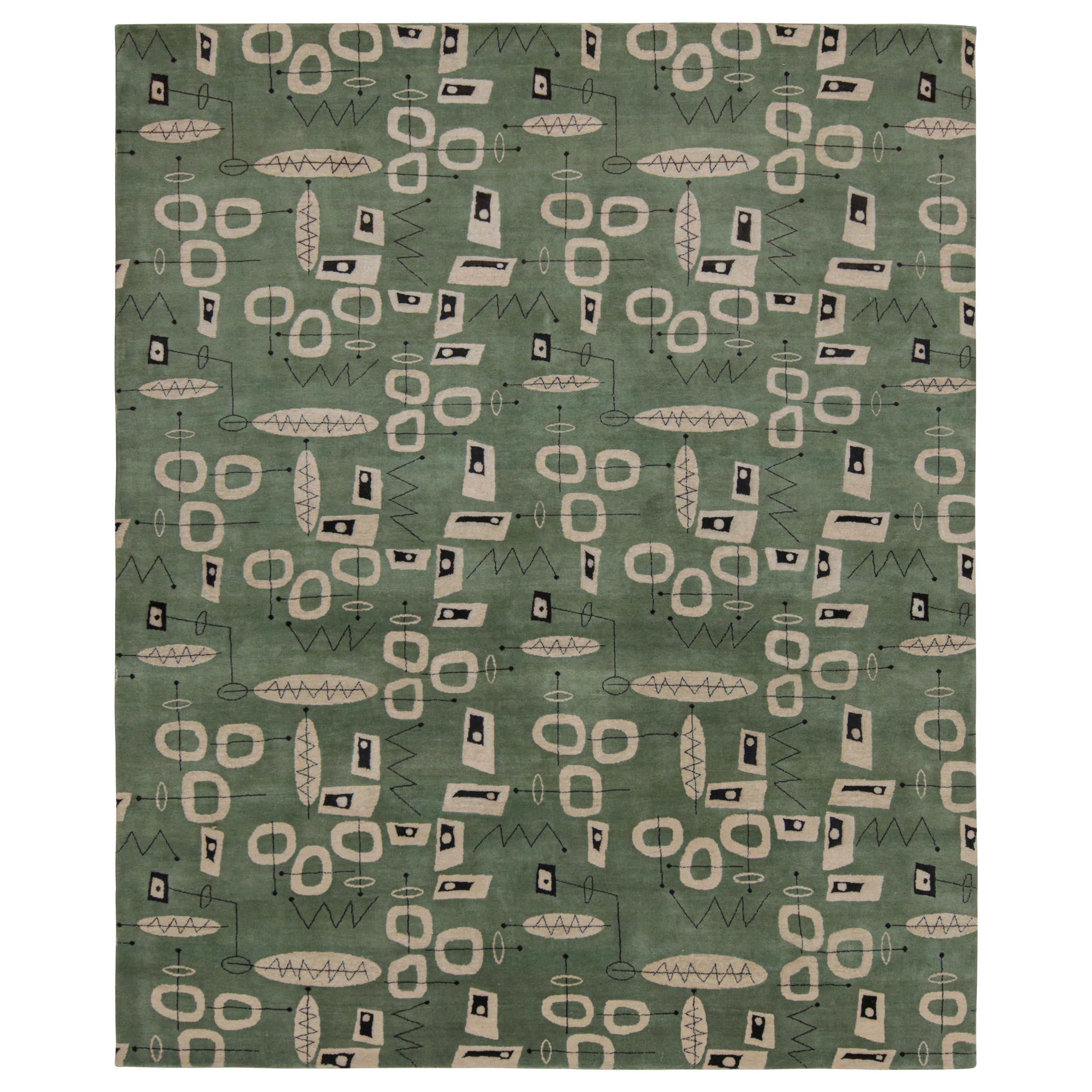 Rug & Kilim’s Mid-Century Modern Style Rug in Green with Geometric Patterns