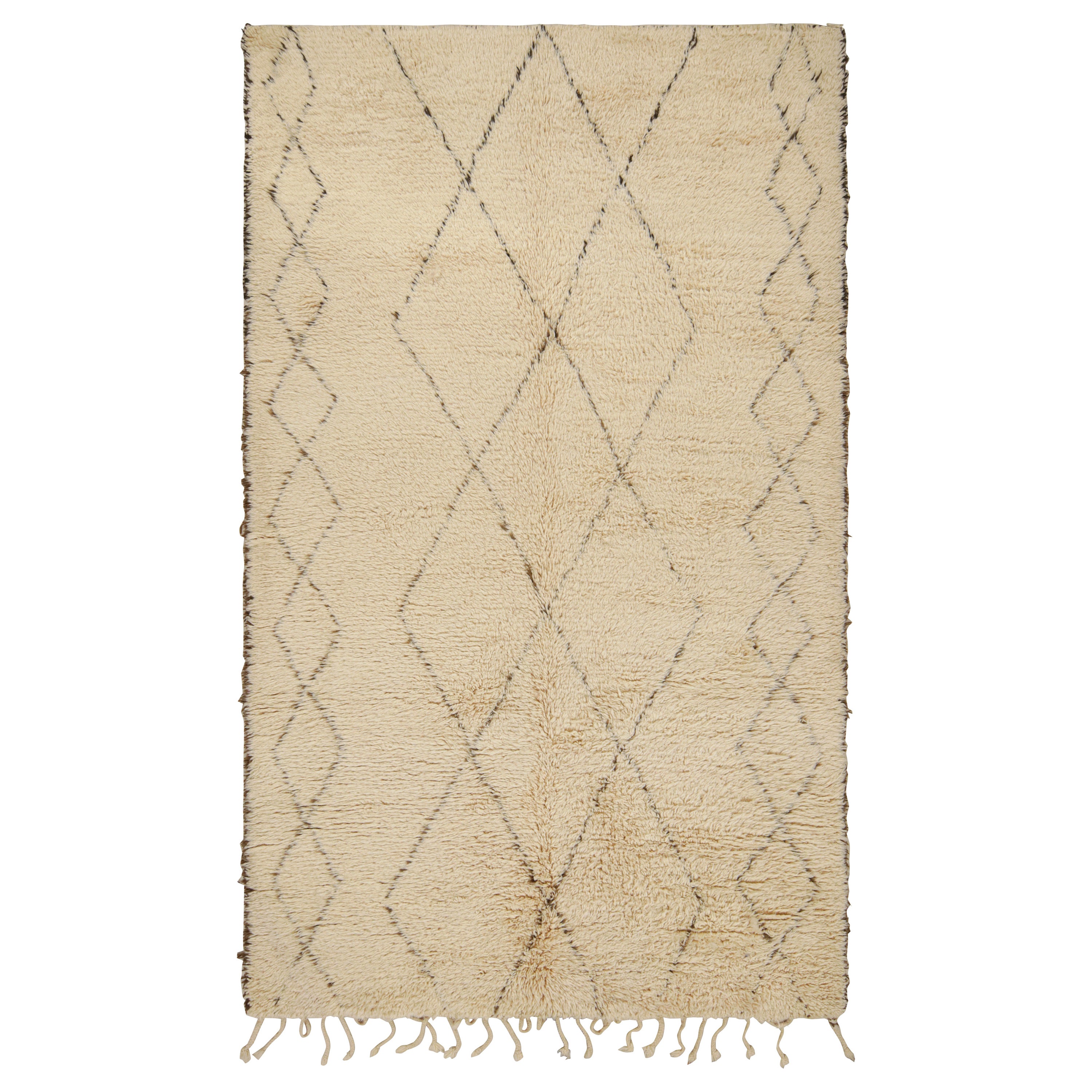 Vintage Moroccan Style Rug in White with Brown Geometric Patterns For Sale