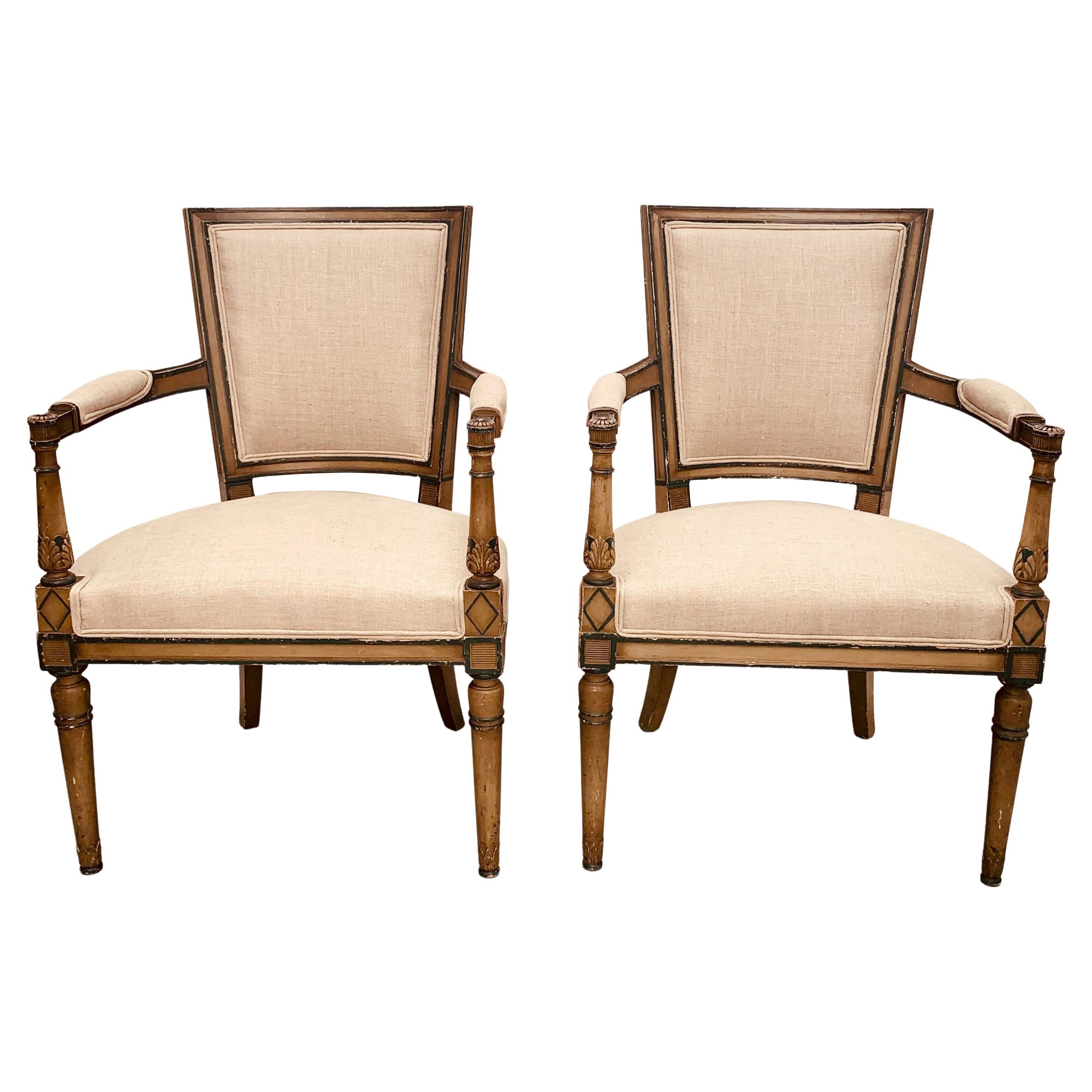 Pair of French Late 18th Century Carved & Original Painted Directoire Armchairs For Sale