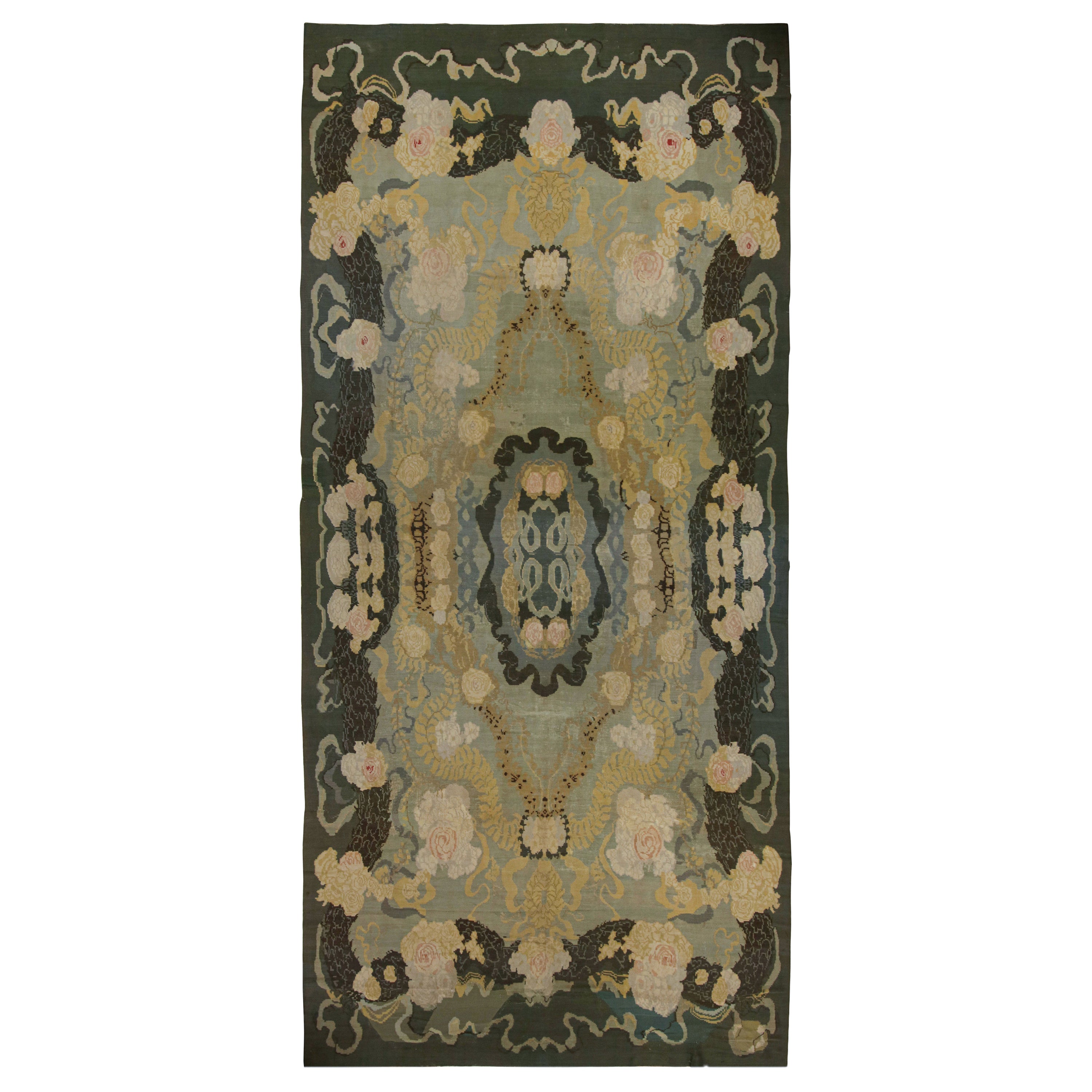  Antique Bessarabian Kilim in Green, Blue with Floral Pattern from Rug & Kilim For Sale