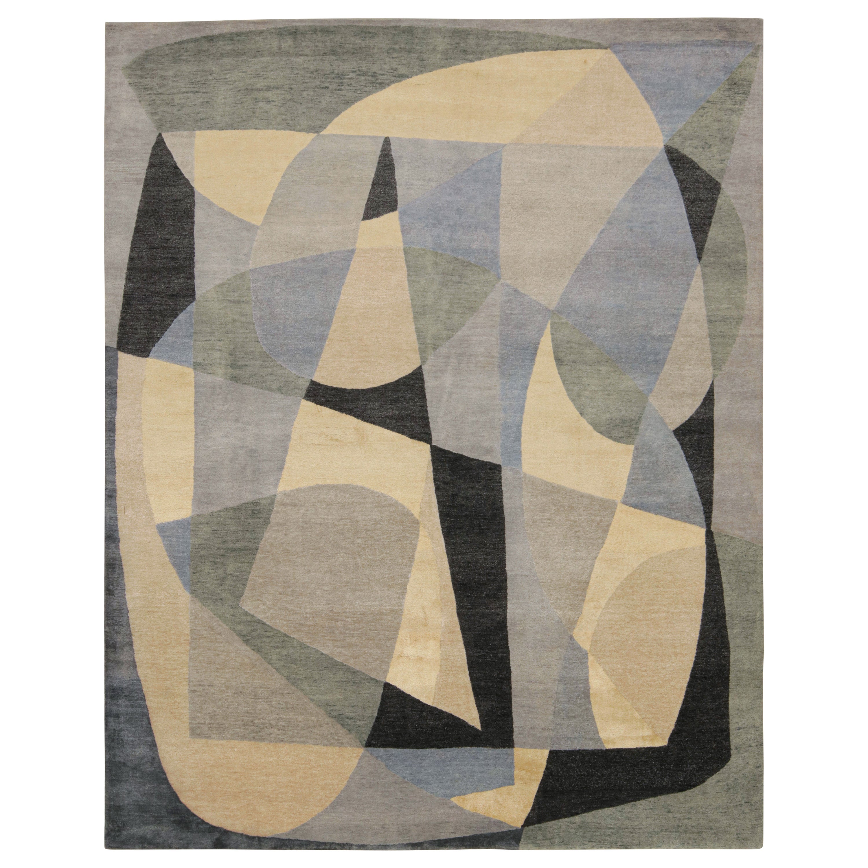 Rug & Kilim’s Mid-Century Modern Style Rug with Gray & Green Geometric Patterns For Sale