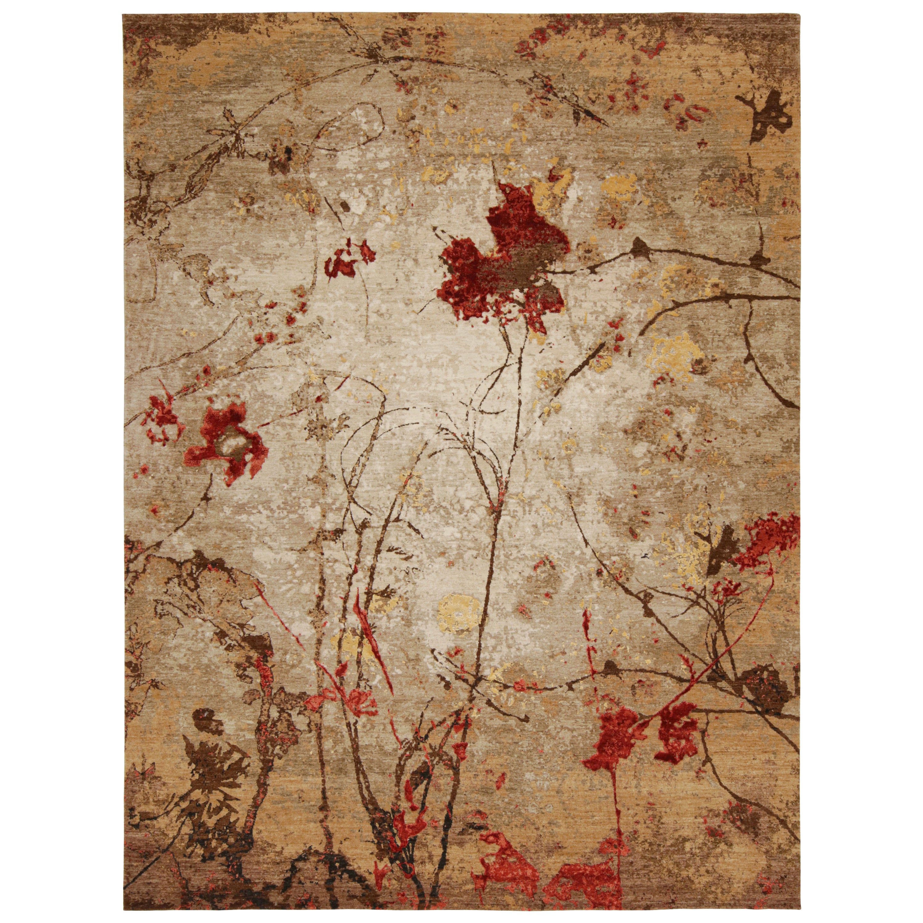 Rug & Kilim's Contemporary Impressionist Rug in Brown mit roten Blumenmustern im Angebot