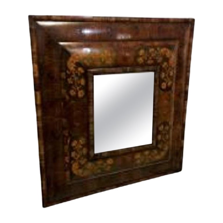 20th Century Oyster Olivewood Cushion Mirror with Marquetry Inlay & Bevel Glass For Sale