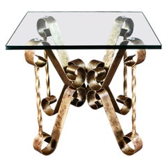 Retro Hollywood Regency Antiqued Gold Iron End or Side Accent Table Square Glass Top