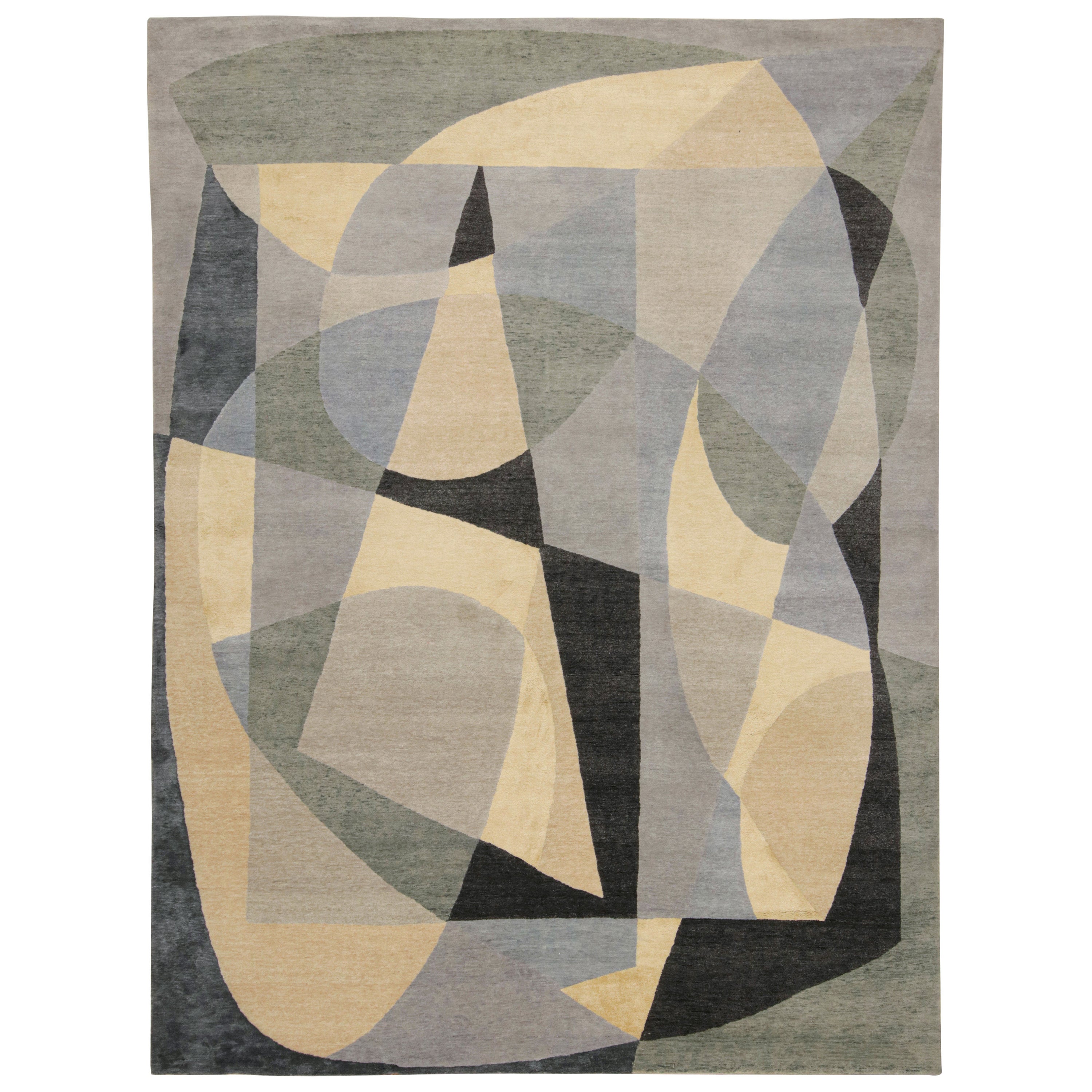 Rug & Kilim’s Mid-Century Modern Style Rug with Gray & Green Geometric Patterns For Sale