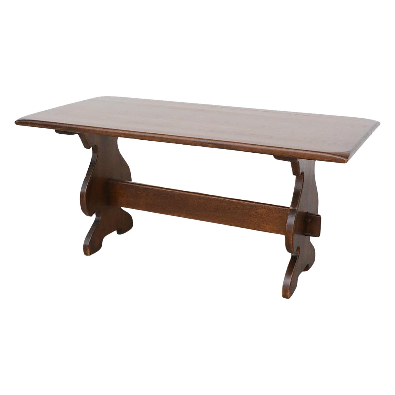 Heavy Brutalist Solid Dark Oak Trestle Table or Desk with Ornate Base, 1960s