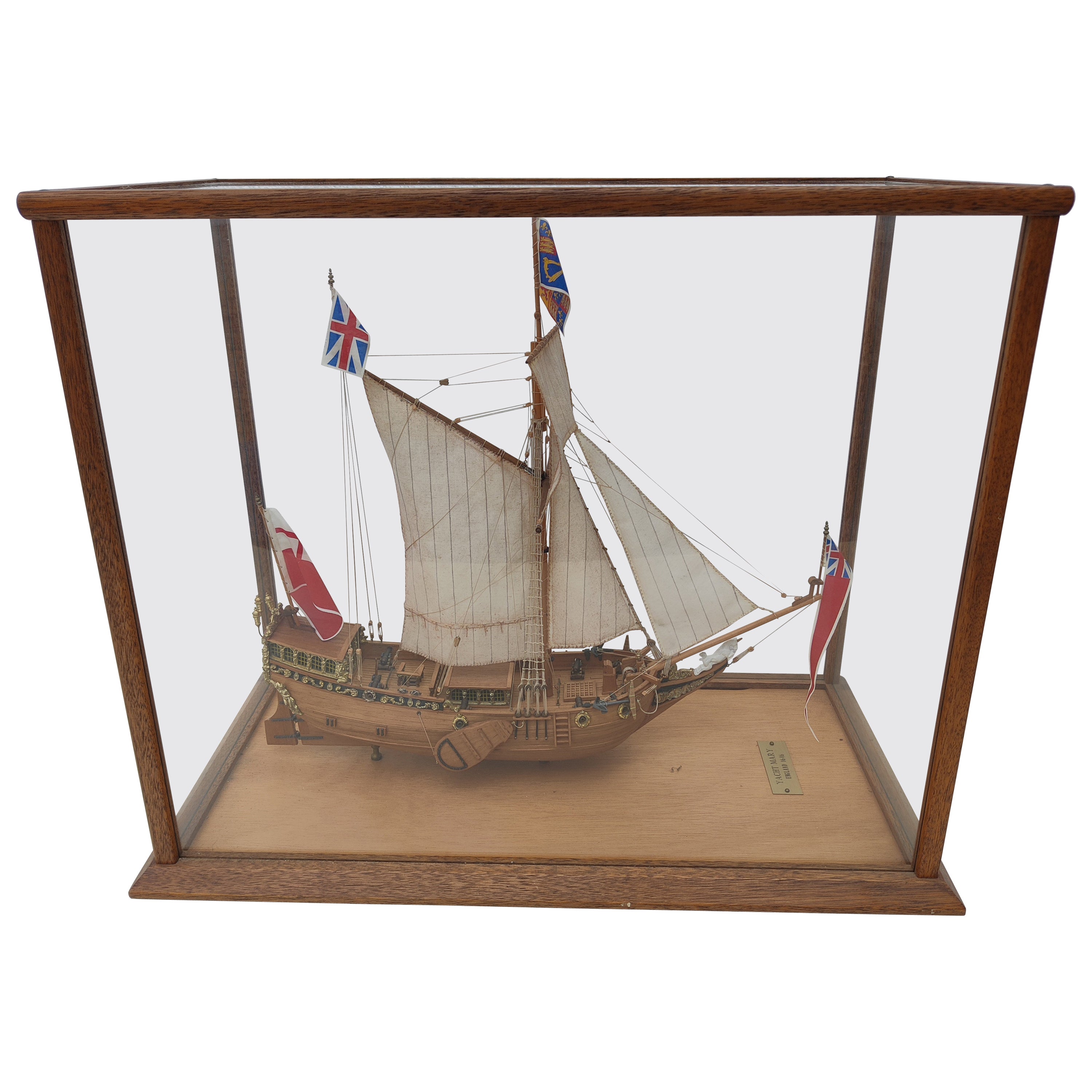 Yacht Mary Model Ship in Glass Oak Display Case For Sale