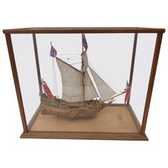 Antique Yacht Mary Model Ship in Glass Oak Display Case