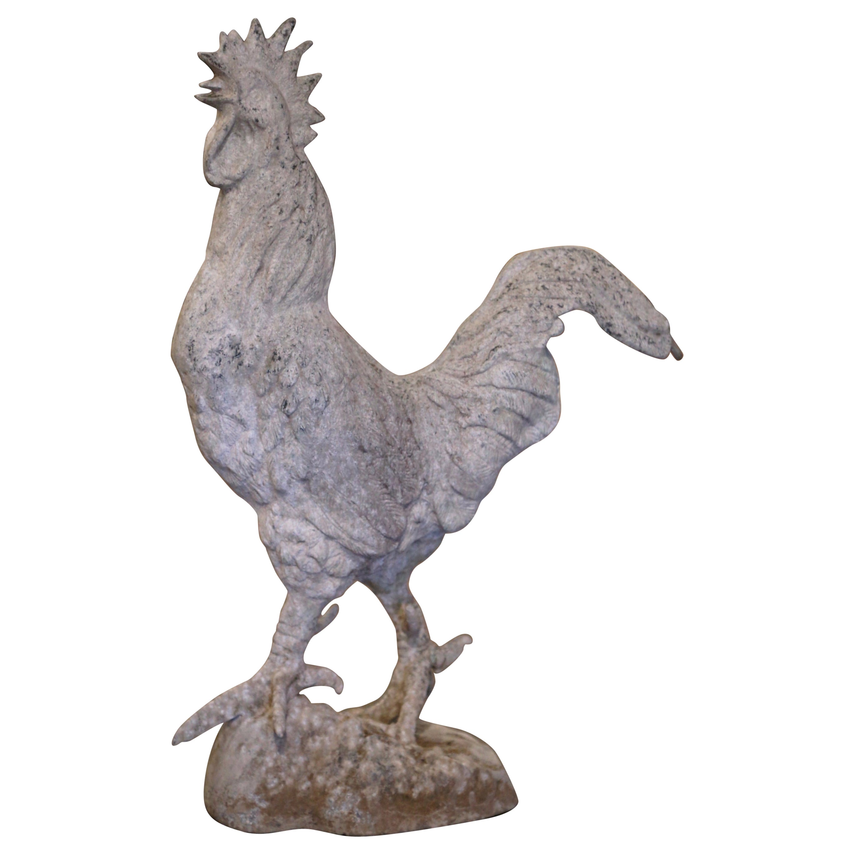 Early 20th Century French Patinated Metal Rooster Sculpture with Concrete Base For Sale