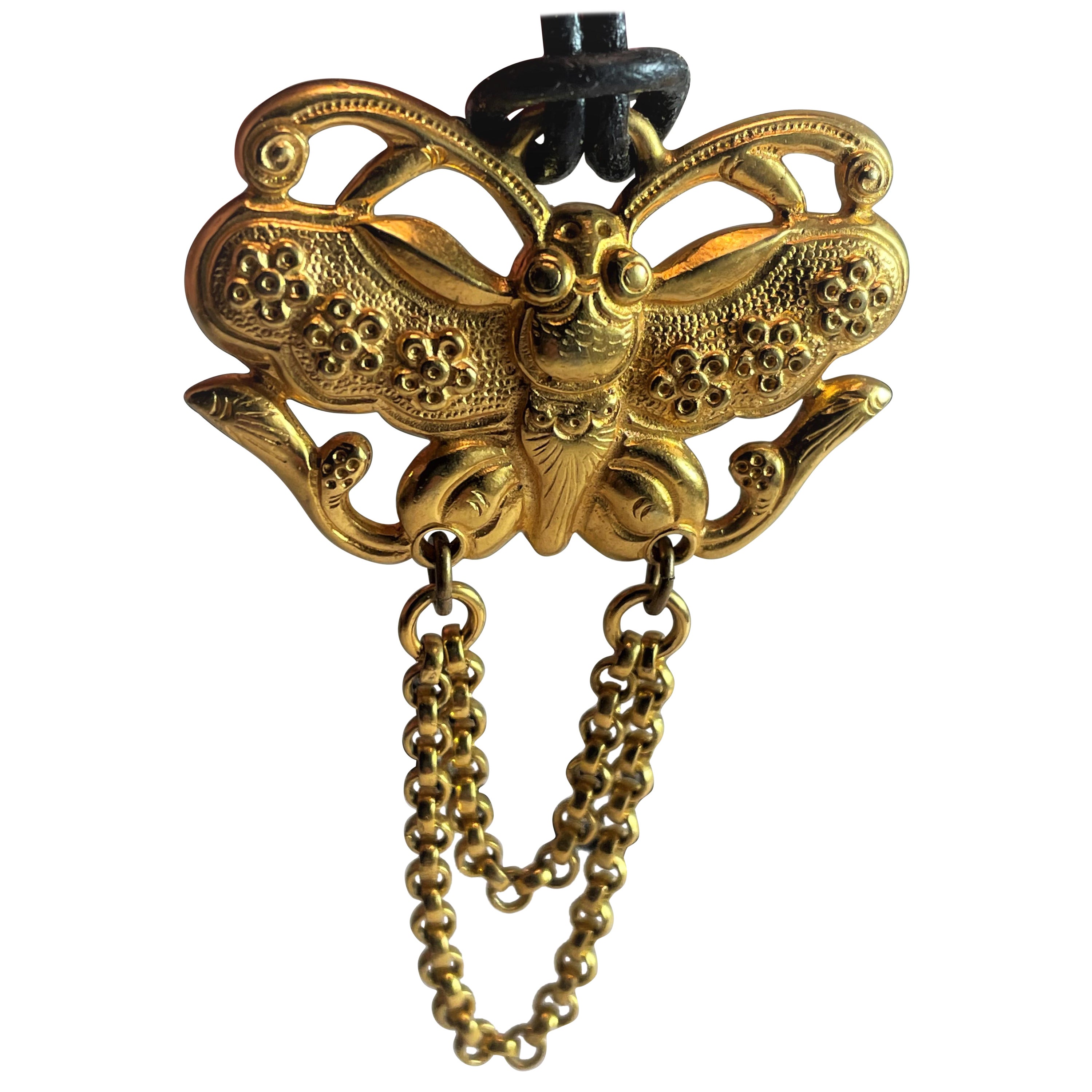 Ben-Amun Stylized Butterfly Gold Tone Pendant on Leather Cord