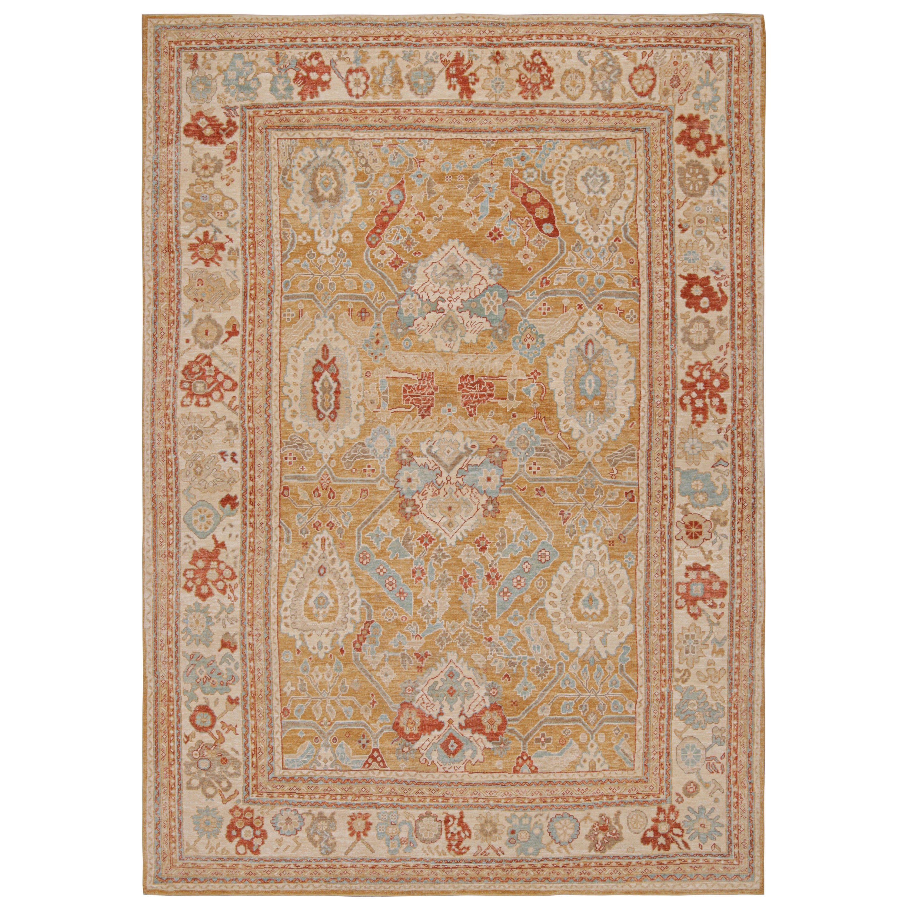 Rug & Kilim’s Oushak Style Rug in Gold and Beige with Floral Patterns For Sale
