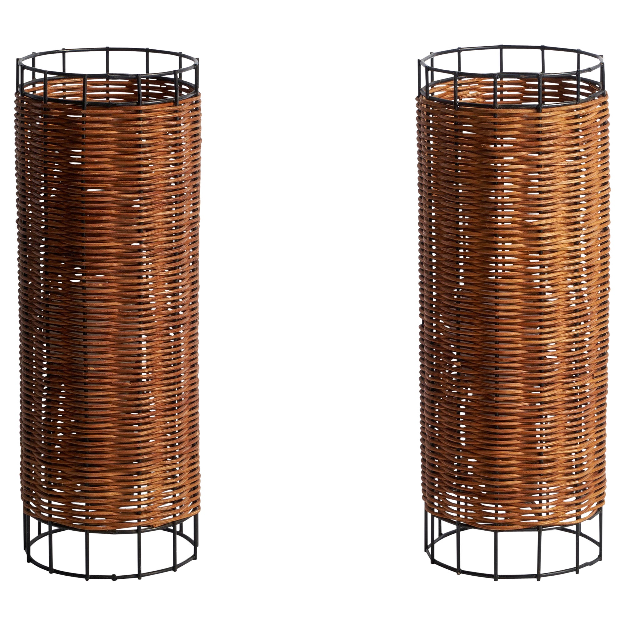 American Designer, Table Lamps, Metal, Rattan, USA, 1950s For Sale