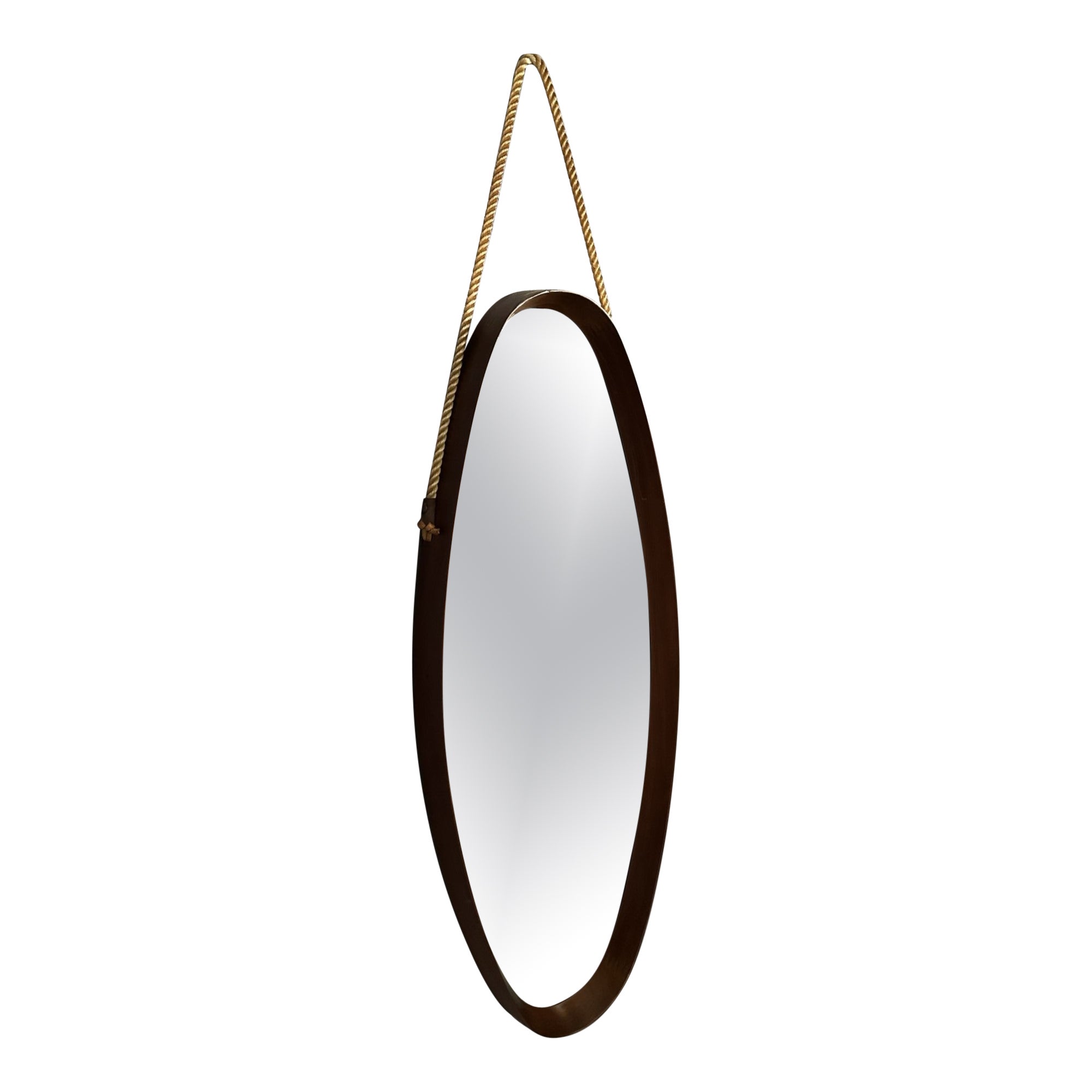 Mid-Century Modern Oval vintage mirror, 1960s teak frame, Italian manufacturing For Sale