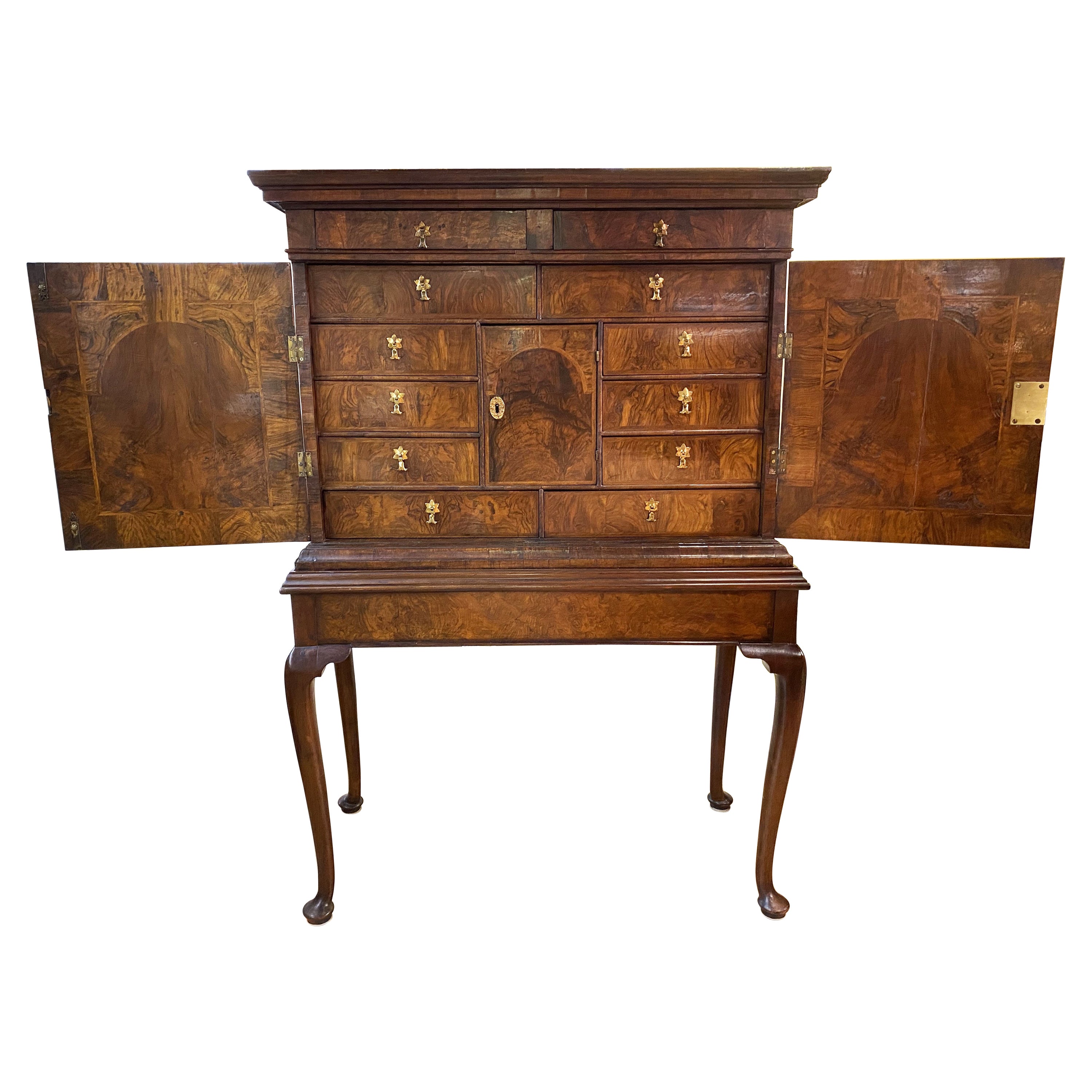 Early 18th Century Queen Anne Walnut & Burl Collector’s Cabinet on Stand For Sale