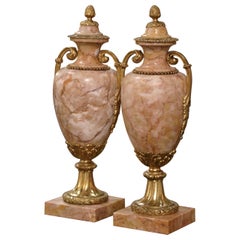 Antique Pair of 19th Century French Carved Marble and Gilt Bronze Covered Cassolettes