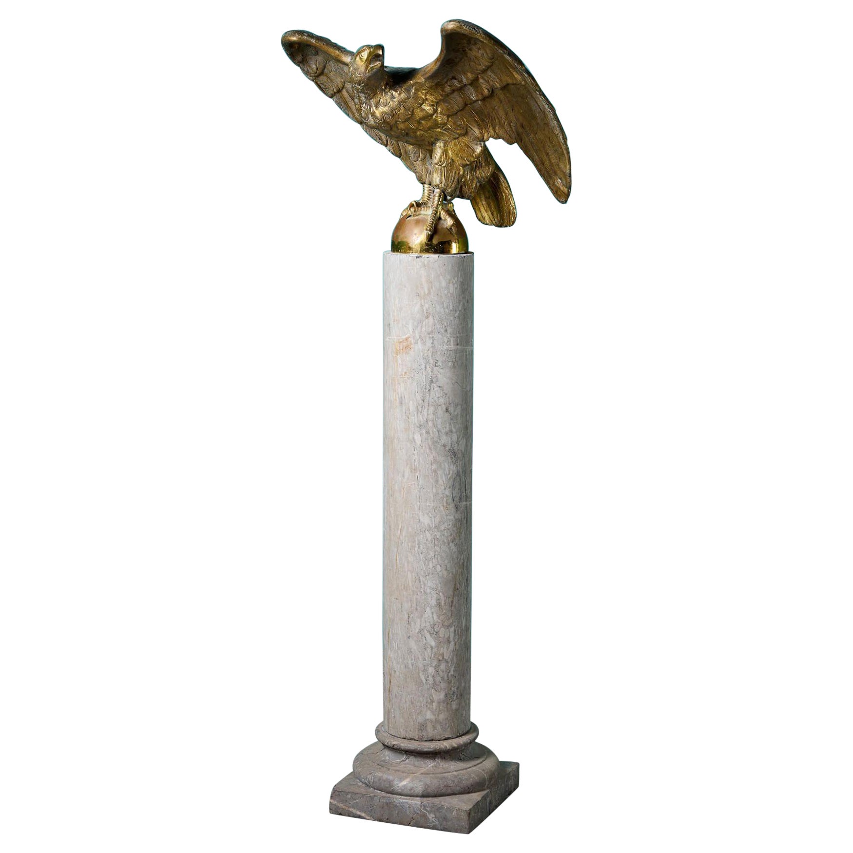 Antique Solid Brass Eagle Statue on Marble Column For Sale