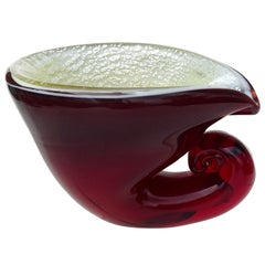 A.Ve.M. Murano Red Yellow Silver Flecks Italian Art Glass Seashell Ashtray Bowl
