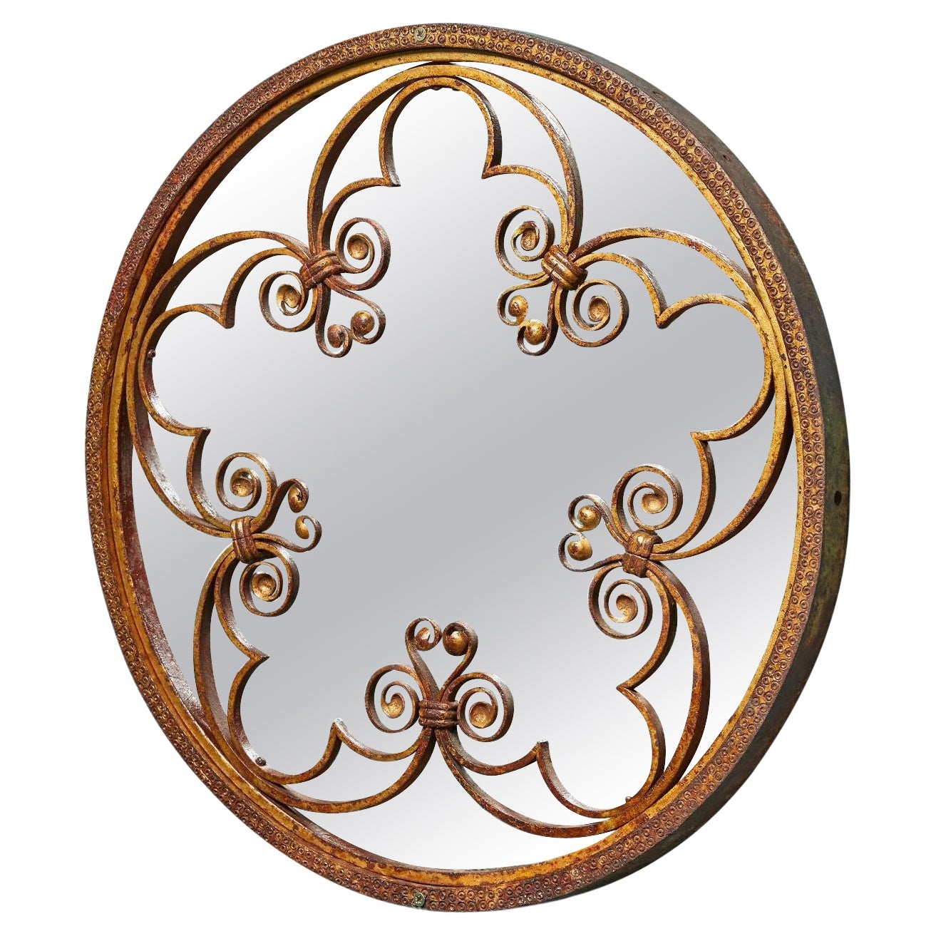 Ornate Round Antique Wrought Iron Mirror For Sale