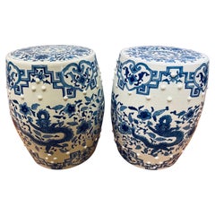 Antique Pair of Blue and White Chinoiserie Chinese Porcelain Ceramic Garden Stools