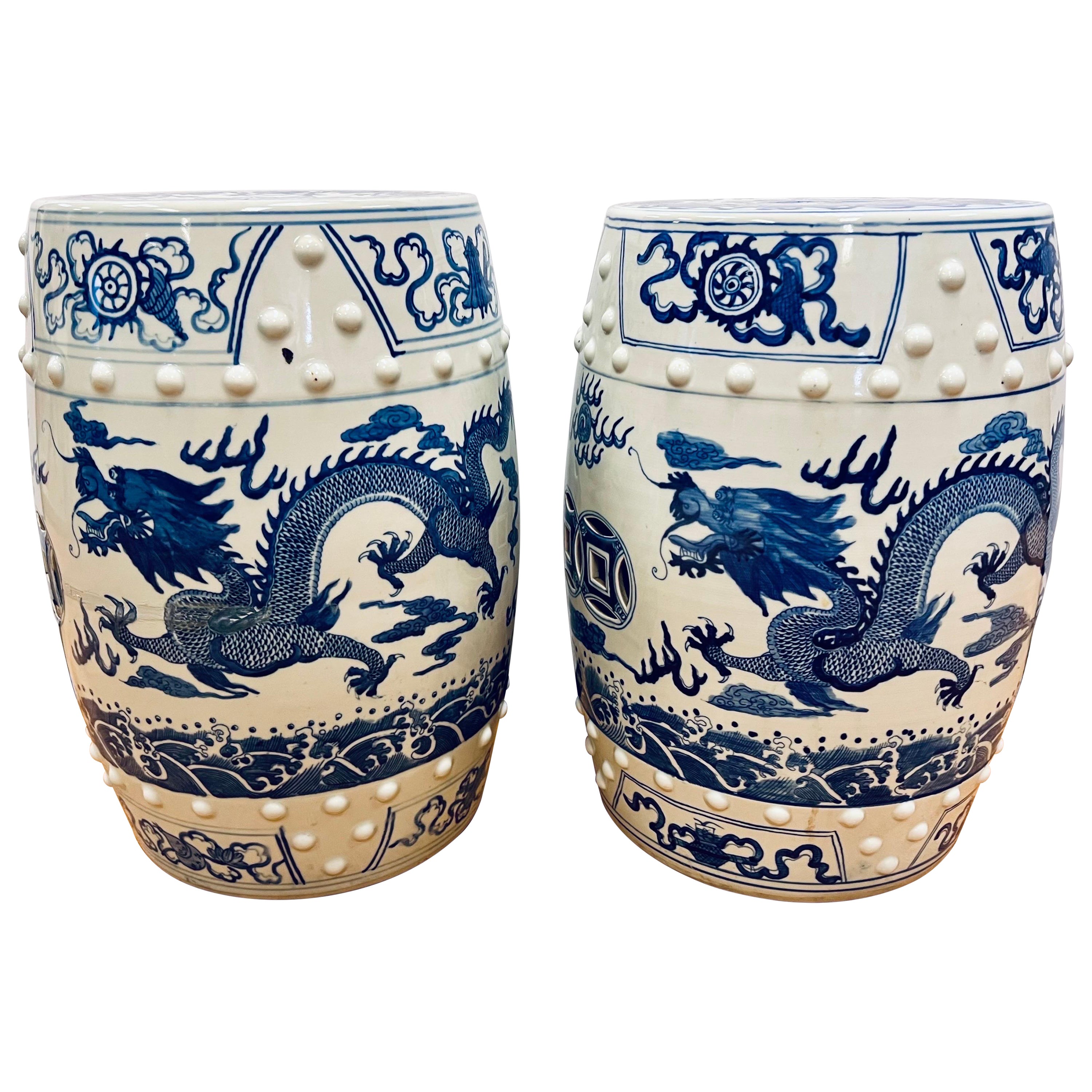 Blue and White Chinese Porcelain Garden Stools Side Tables with Dragons For Sale