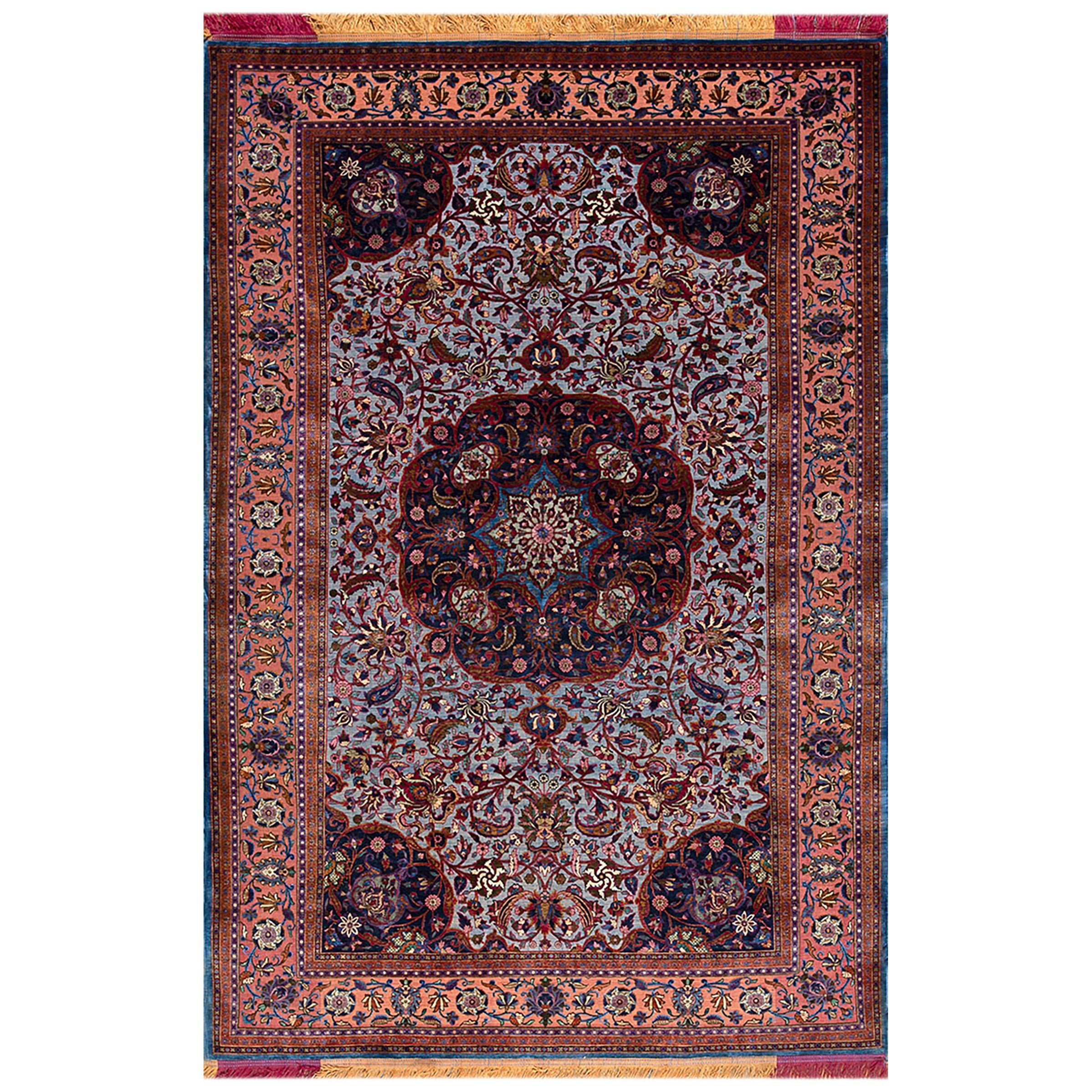 Early 20th Century Silk & Metallic Thread Persian Kashan Carpet 4' 6" x6' 10" 
